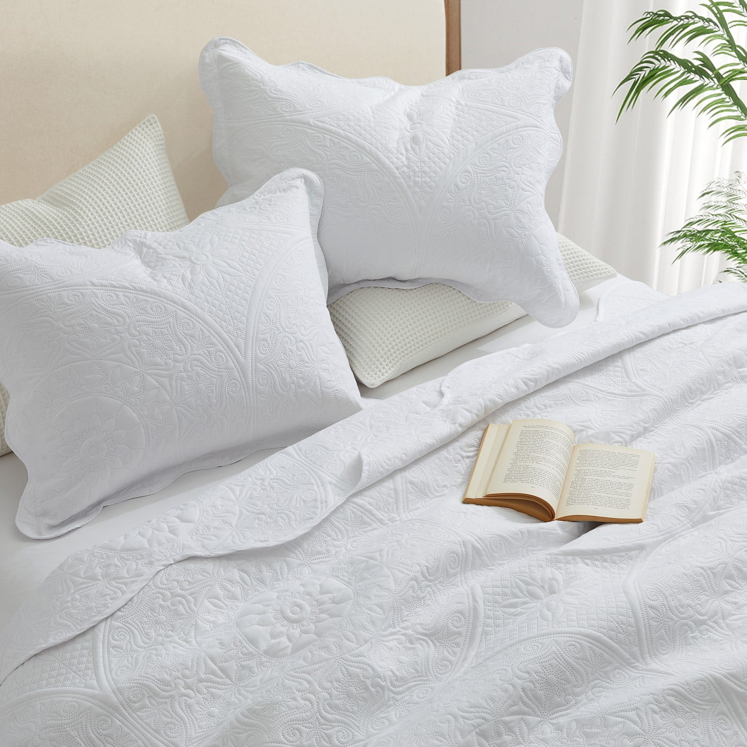 Ameha 3-Piece Quilt Set Embossed Floral Microfiber Bedspread (White, Queen Size) ia7b4
