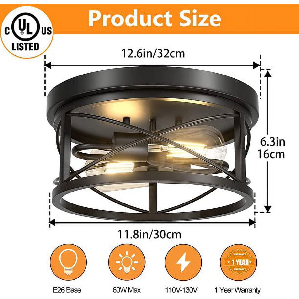 Pynsseu 2-Light Flush Mount Ceiling Light Fixture Industrial Farmhouse Metal Close to Ceiling Lighting (Black, 12 in) riz3l