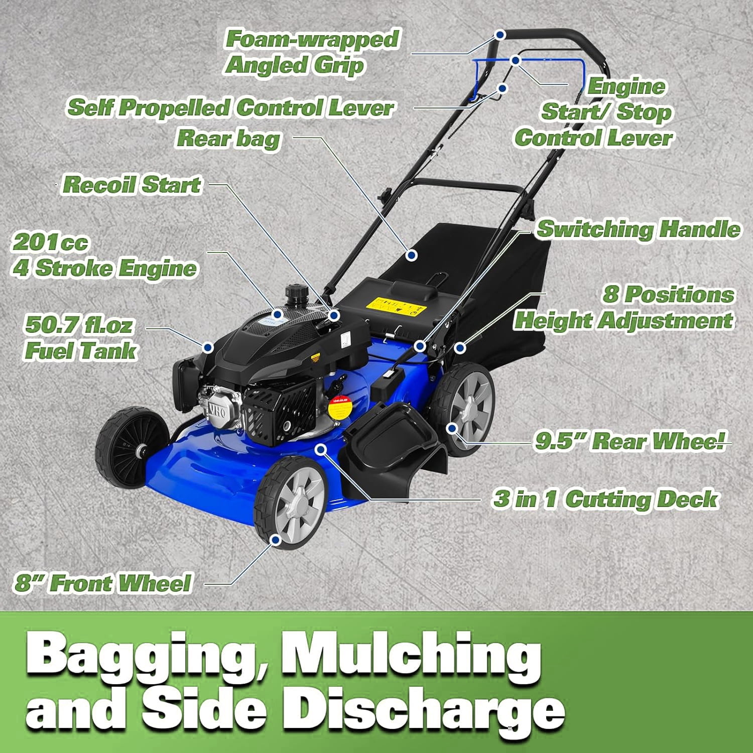 Hykolity Self-Propelled Gas Lawn Mower, 201cc 4-Cycle Engine, 3-in-1 Cutting System (Blue, 21 in) 8ekt8