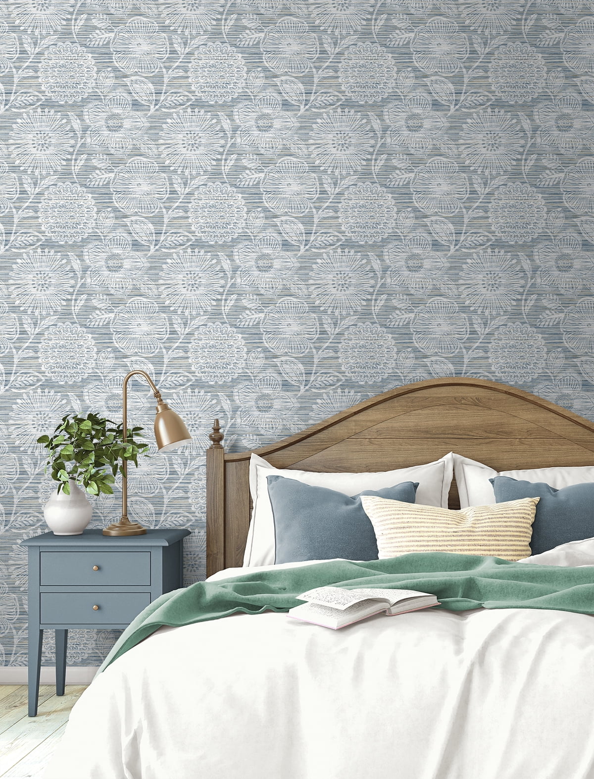 Stacy Garcia Home Bluestone Faux Grass Floral Peel and Stick Wallpaper (Blue, 20.5 in. W x 10 ft. L) bkwqp