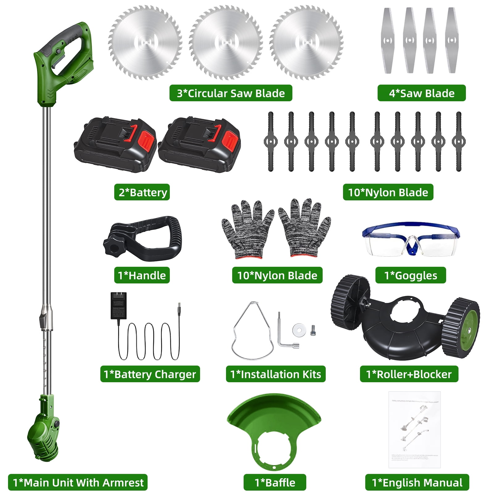 ZLieatmp Cordless Electric Lawn Mower and Weed Trimmer with 2 Batteries and 5 Blade Types (Green, 33-47 in) thukj