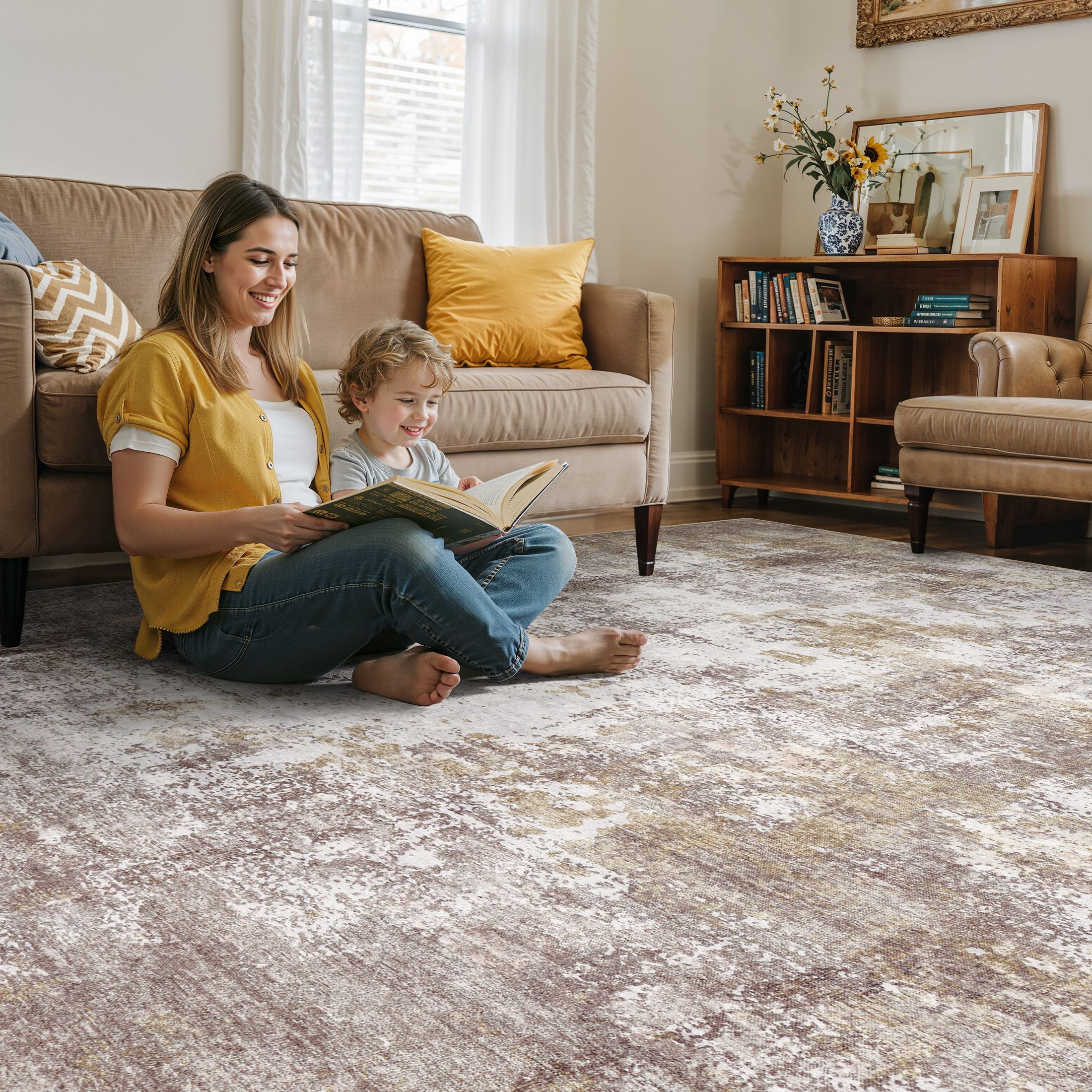 Uermei Modern Abstract Area Rug, Soft Non-Slip Indoor Carpet for Living Room and Bedroom (Golden Brown, 9 ft x 12 ft) vtr1x