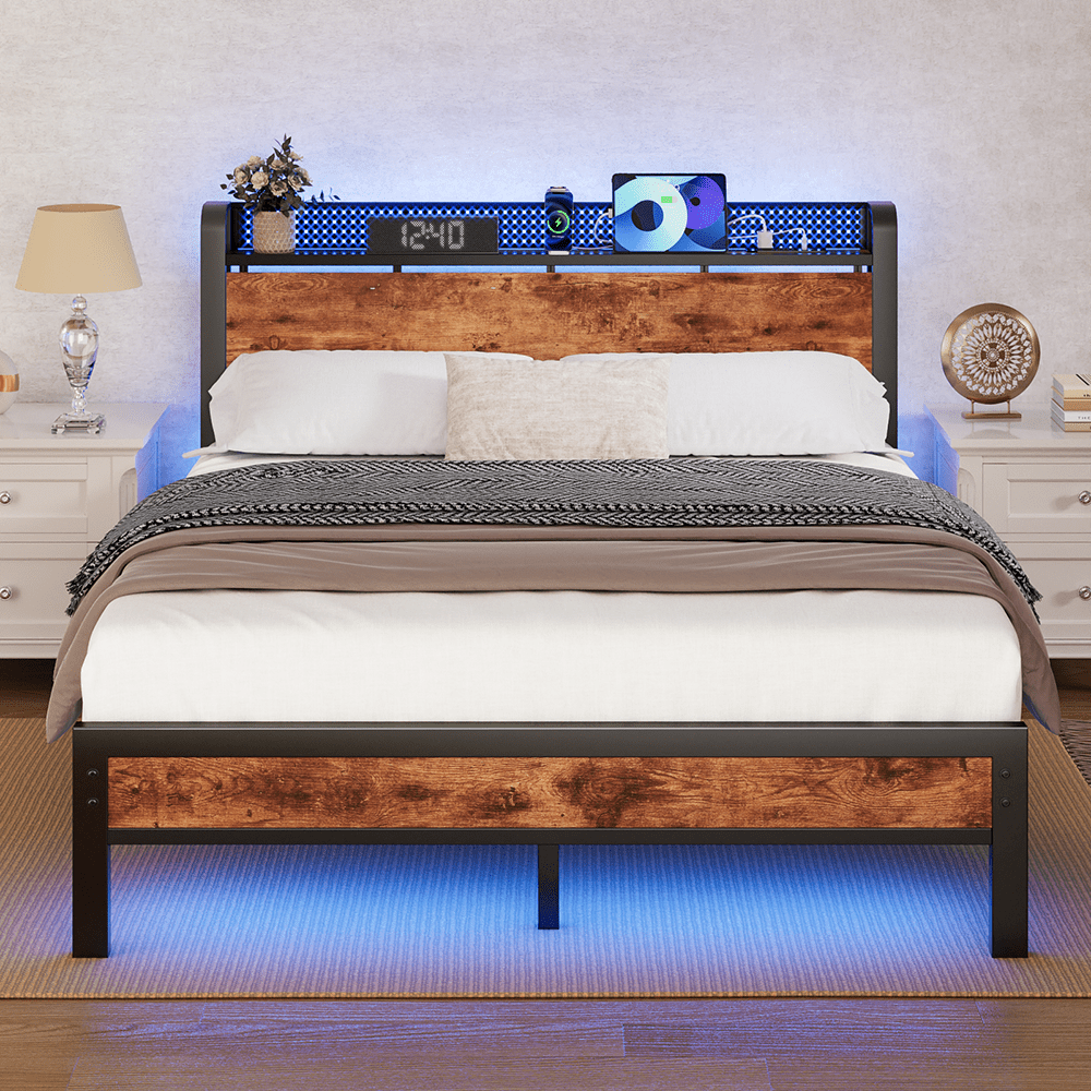 Satifur LED Platform Bed Frame with Storage Headboard and Charging Station (Rustic Brown, Queen) yyjtq - Image 2