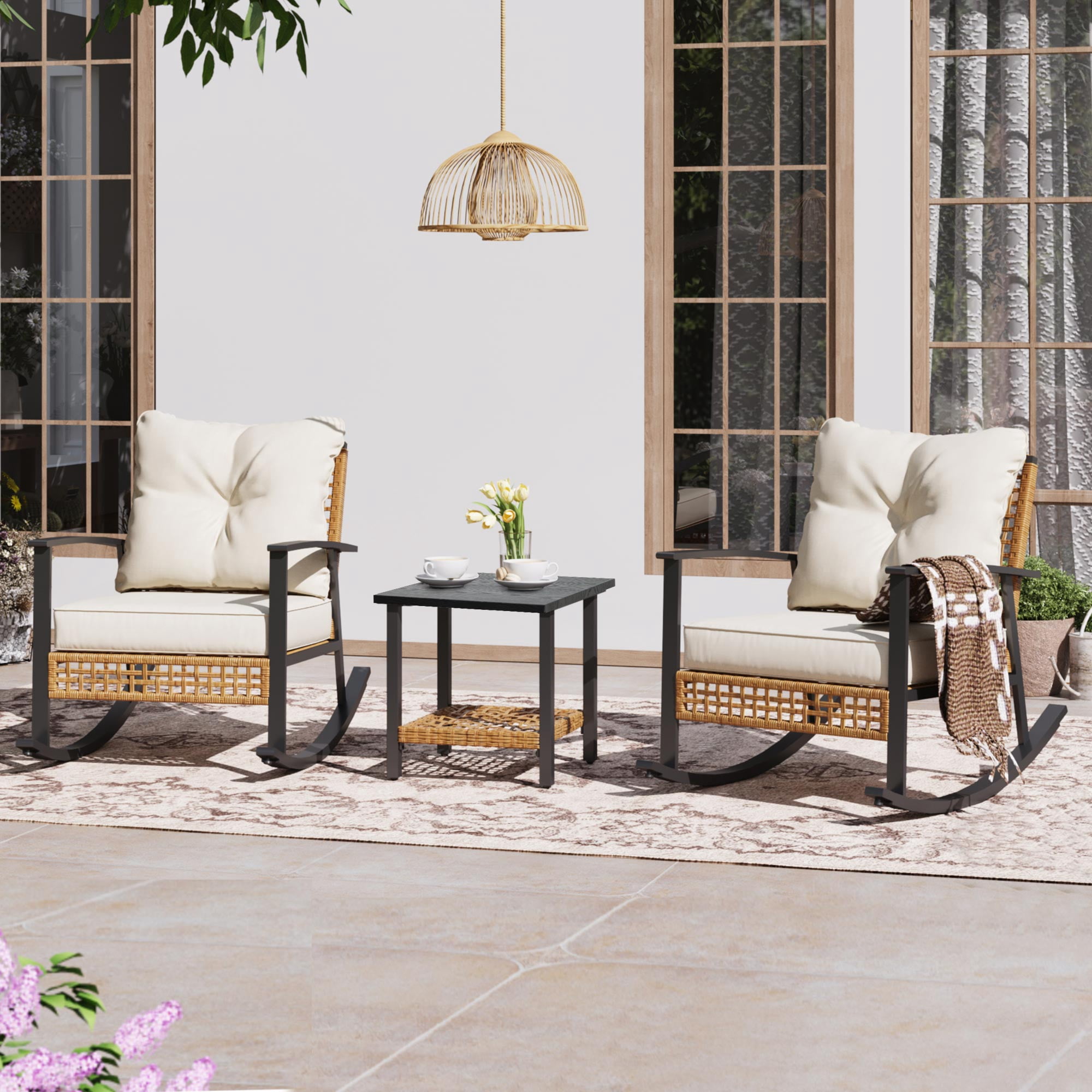 KamerOut 3-Piece Patio Conversation Set, All-Weather PE Wicker Rocking Chairs with Coffee Table (Beige, 3-Piece Set) hh2ab