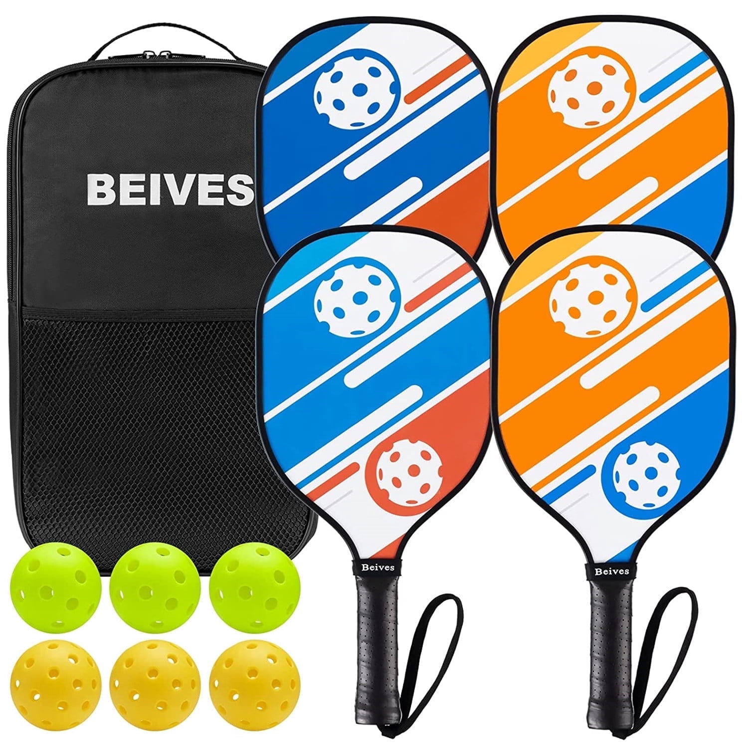 BEIVES Wood Pickleball Paddles Set of 4 (Durable 7-Ply Basswood, Comfortable Grip, Includes Indoor Outdoor Balls & Carrying Bag) ib26t