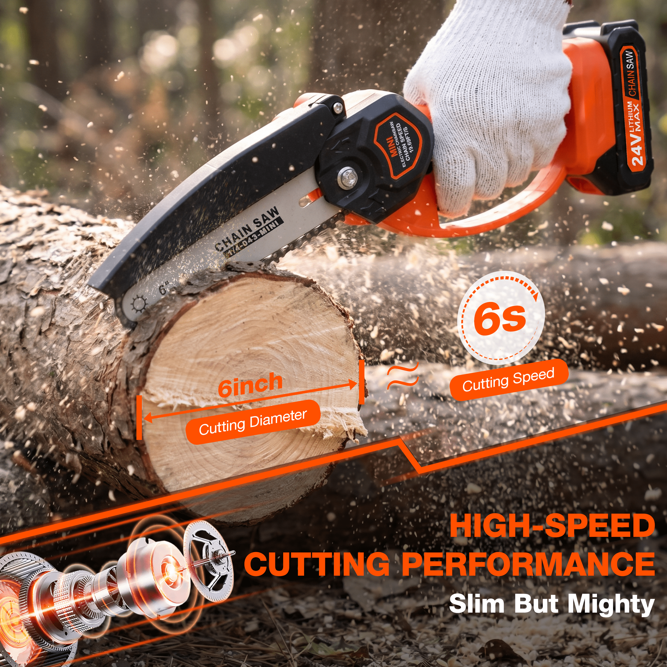 Nexpow 6 in Cordless Mini Chainsaw, Electric Handheld Wood Cutter with 2 Batteries and 2 Chains (Orange, 6 in) 5t4sq