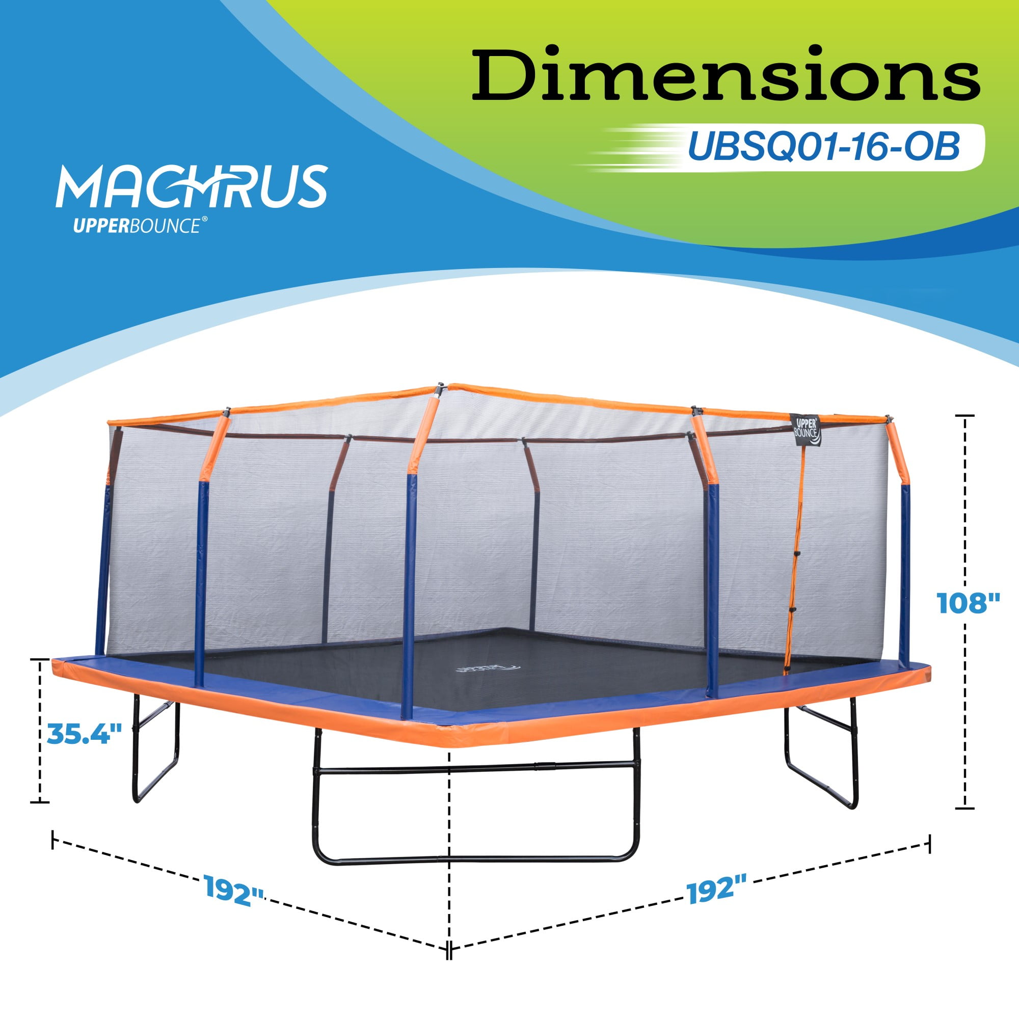 Upper Bounce 16 x 16 ft Square Trampoline Set with Safety Enclosure and Pad (Orange/Blue, 16 x 16 ft) bjn67