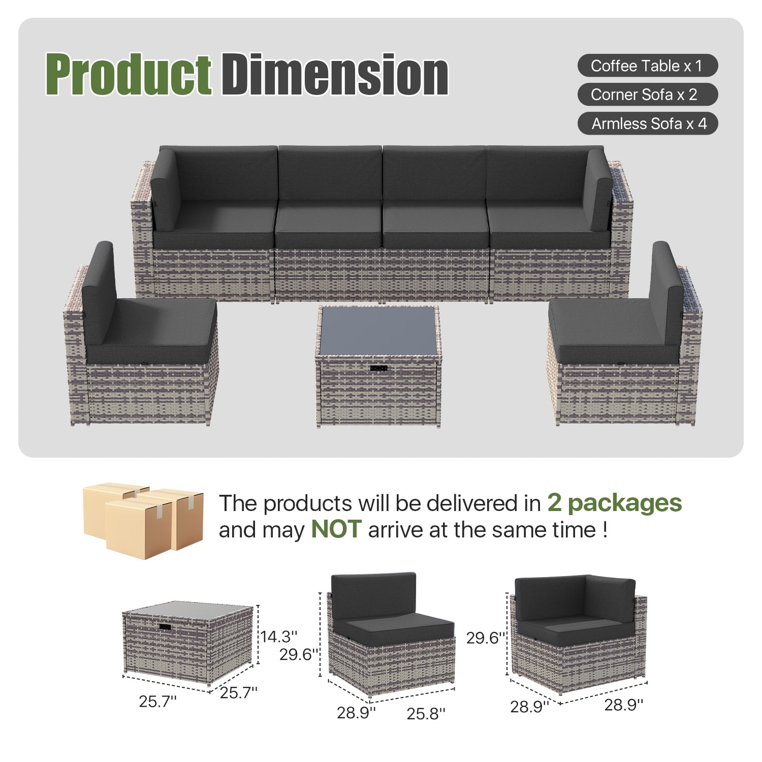 BaPiPro 7-Piece Outdoor Patio Furniture Set, Wicker Rattan Sectional Sofa with Coffee Table (Gray, 7-Piece Set) pti8t