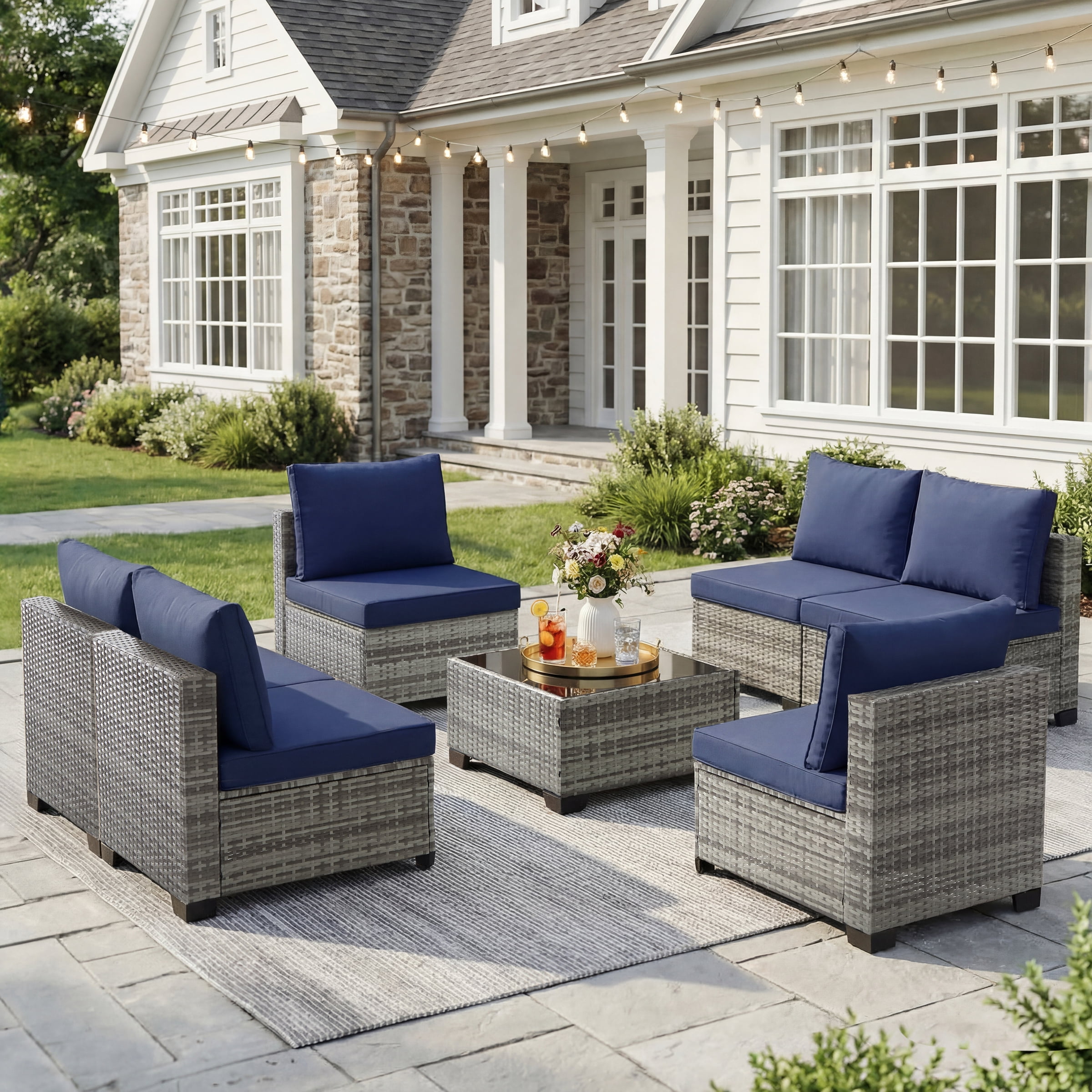 Ebello 7-Piece Modular Outdoor Patio Sectional Sofa Set with Glass Coffee Table (Navy Blue, 7-Piece) 69jwu