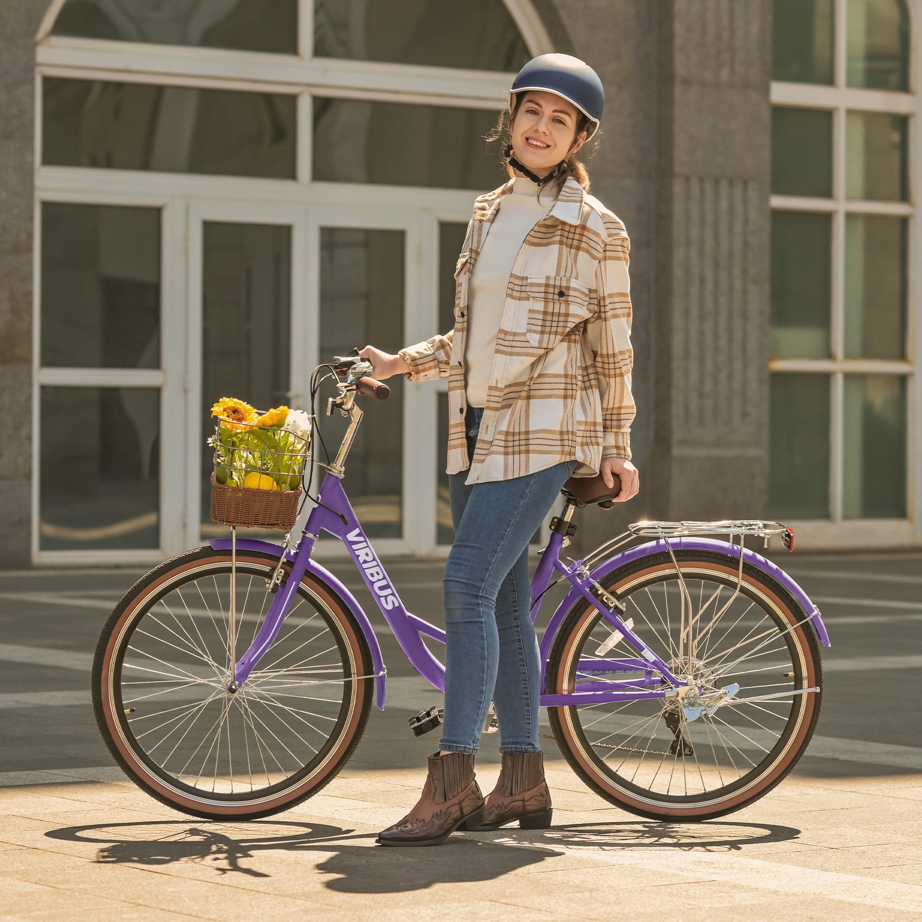 Viribus 24 in Beach Cruiser Bike for Women, 7-Speed City Bicycle with Basket and Rack (Purple, 24 in) 1qztg