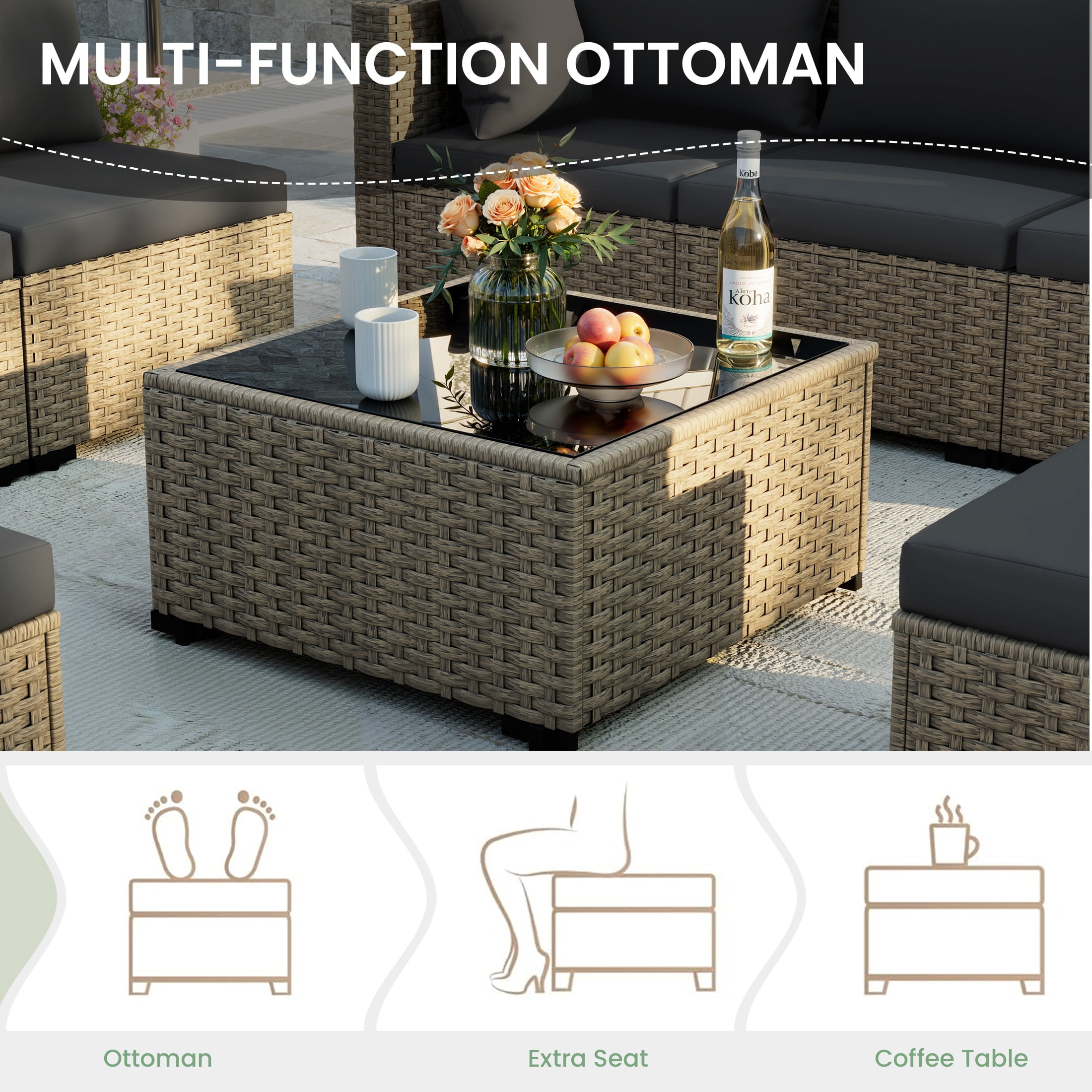 POTEBAN 7-Piece Outdoor Sectional Wicker Patio Conversation Set (Black Cushions, Gray Rattan) 32r6m
