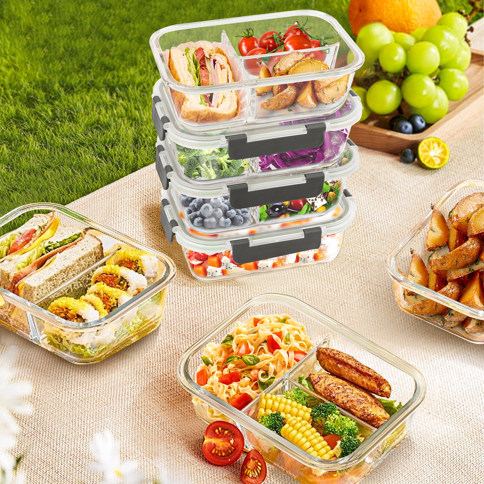 Taimasi Glass Food Storage Containers, Airtight Meal Prep Set with Snap-Lock Lids (Grey, 4-Pack, 32 oz) 55pdq