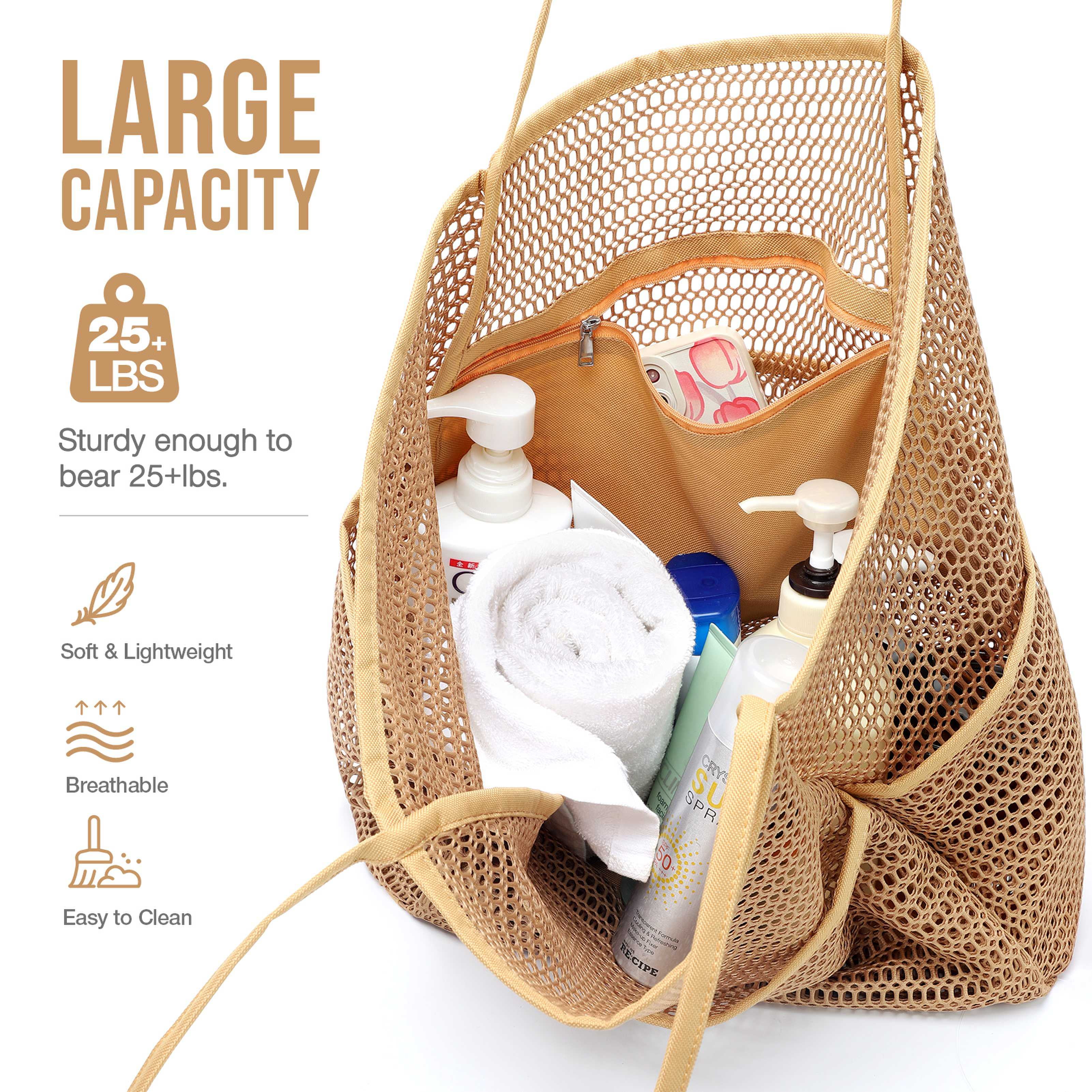 Gocvo Mesh Beach Bag for Women, Large Foldable Swim Tote with Pockets (Beige, 17 x 6.2 x 14 in) k1fg4 - Image 5