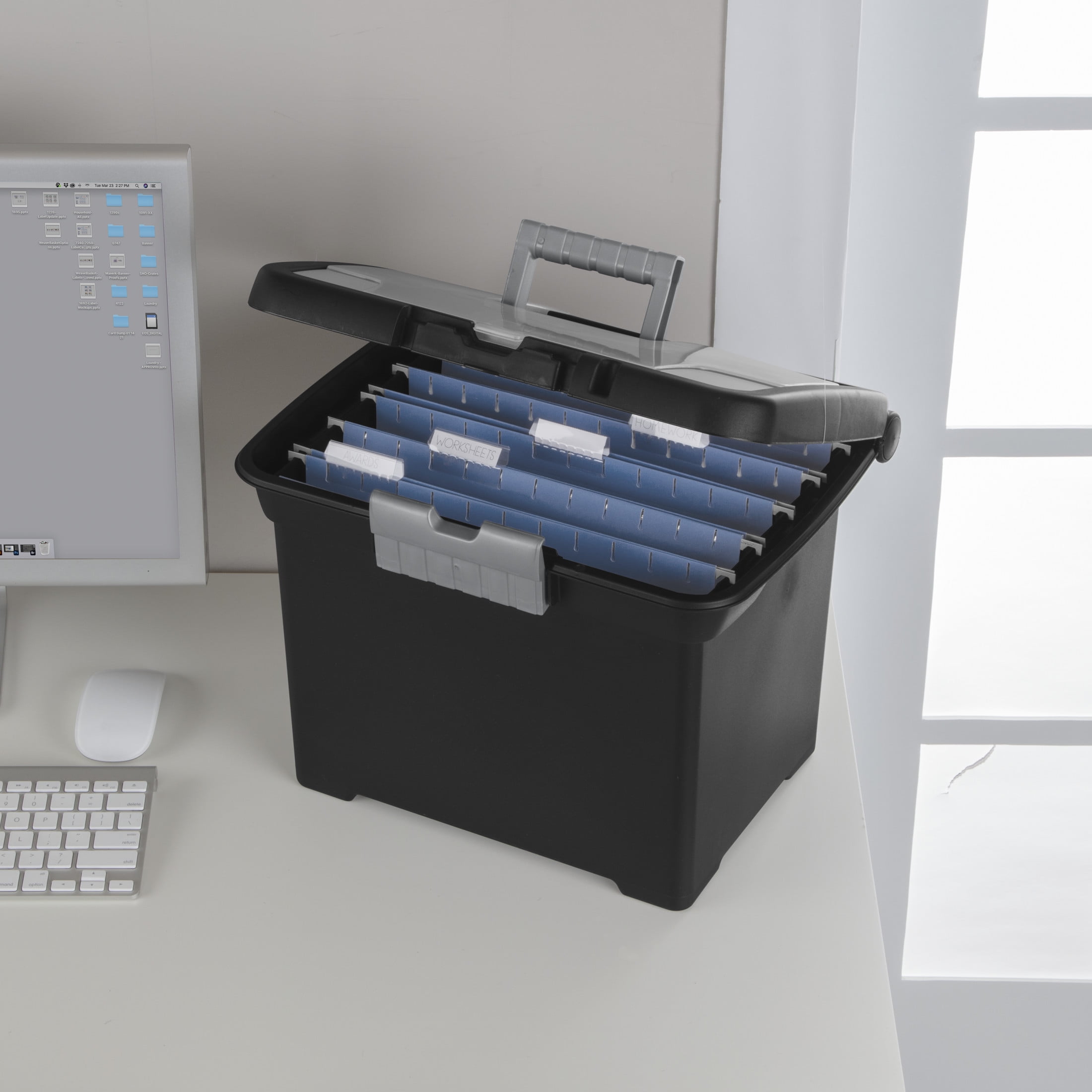 Sterilite Portable File Box, Letter-Size Plastic Storage Organizer with Handle and Divided Lid (Black, 15 in x 10.875 in x 11.5 in) ch8xf