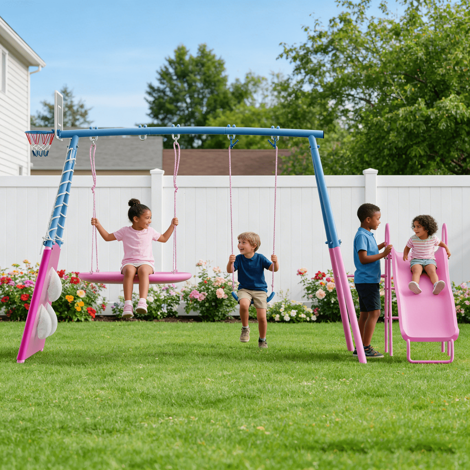 Shengchao Trade Kids Outdoor Metal Swing Set with Slide and Basketball Hoop (Pink, 440 lb) ds88a