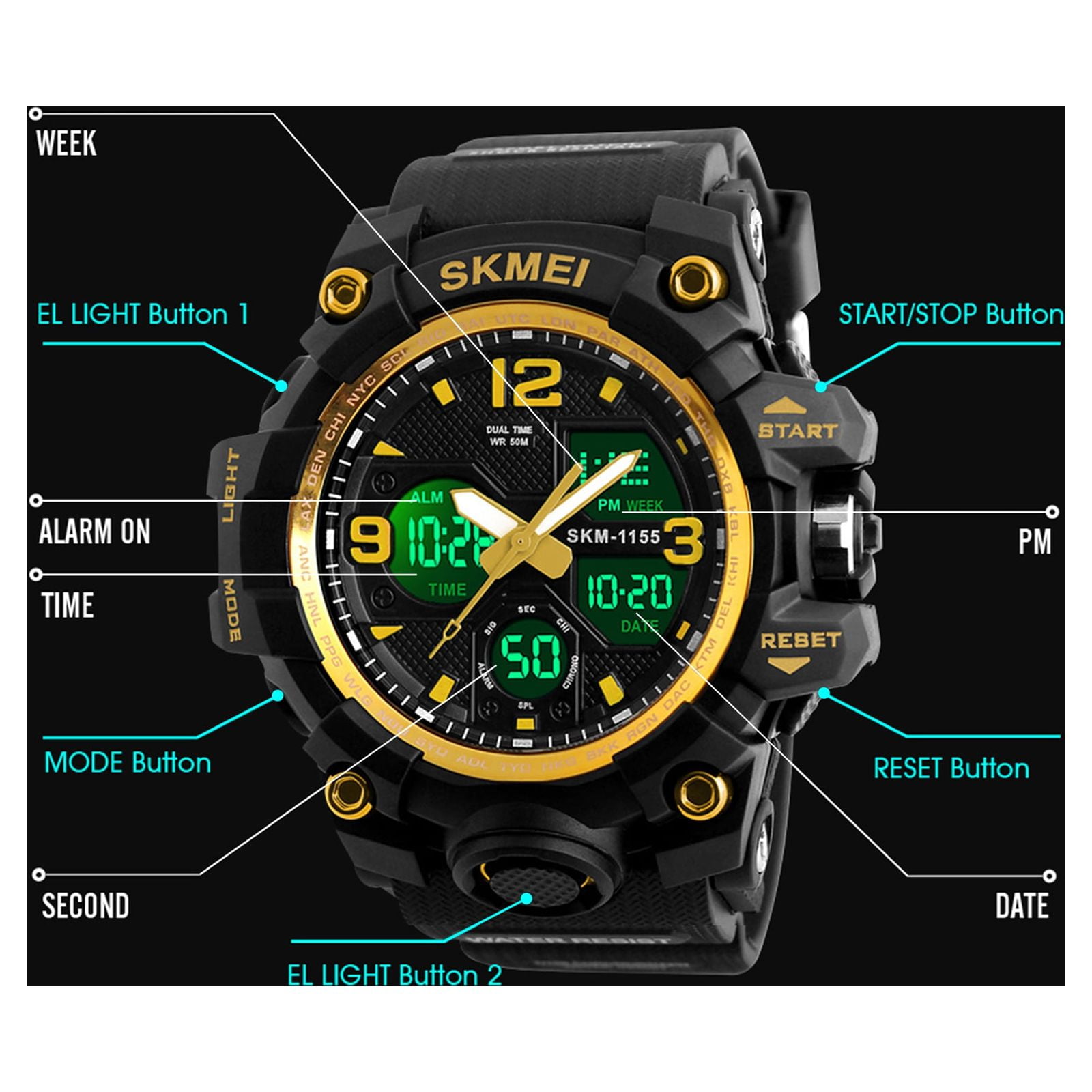 SKMEI Men's Digital Sports Watch, Large Face Military Style LED Display with Alarm and Stopwatch (Gold, 1.97 in) wu4s2