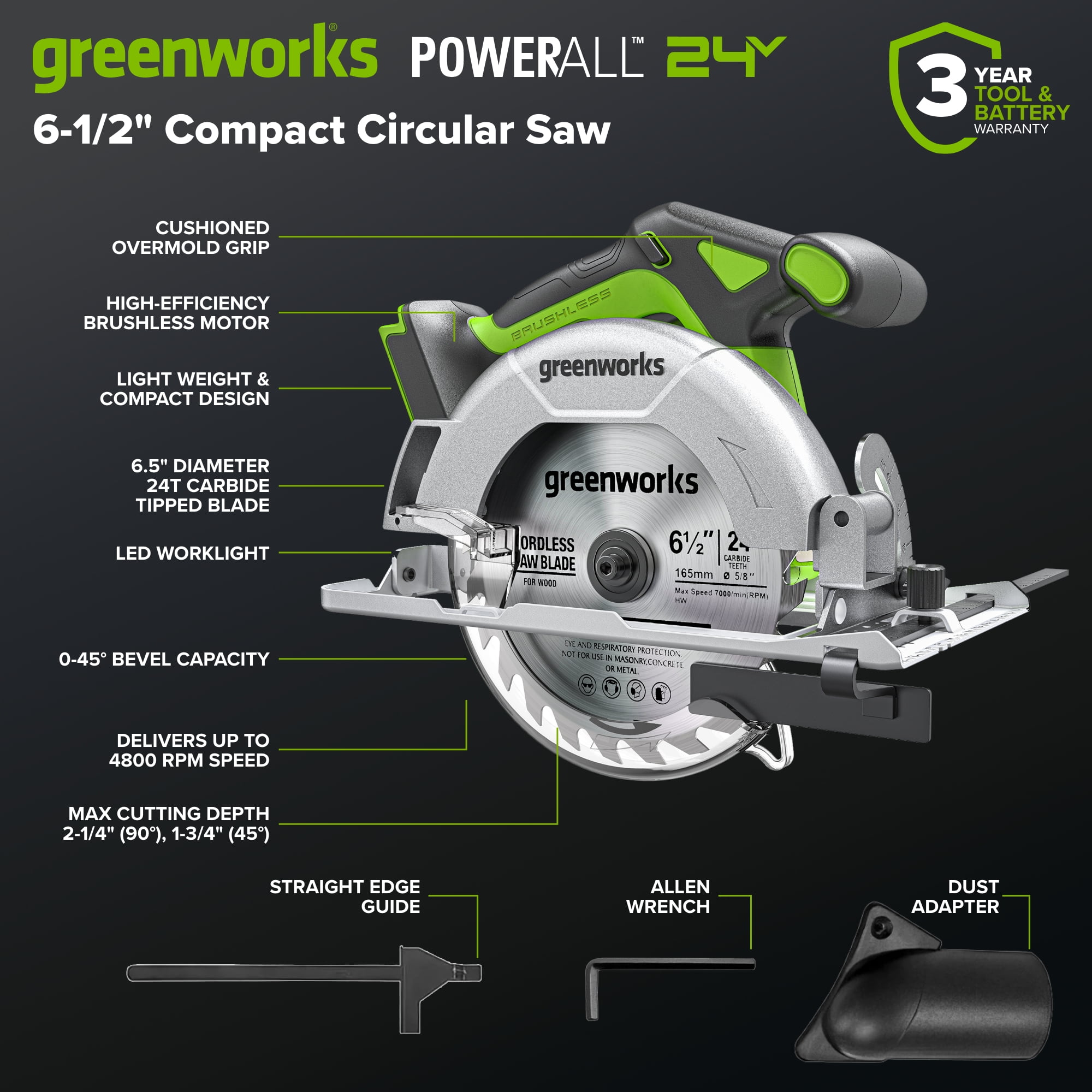 Greenworks 24V Cordless Brushless 4-Piece Power Tool Combo Kit with Drill, Impact Driver, Circular Saw, Flashlight, Batteries, and Charger (Green) gr6y7
