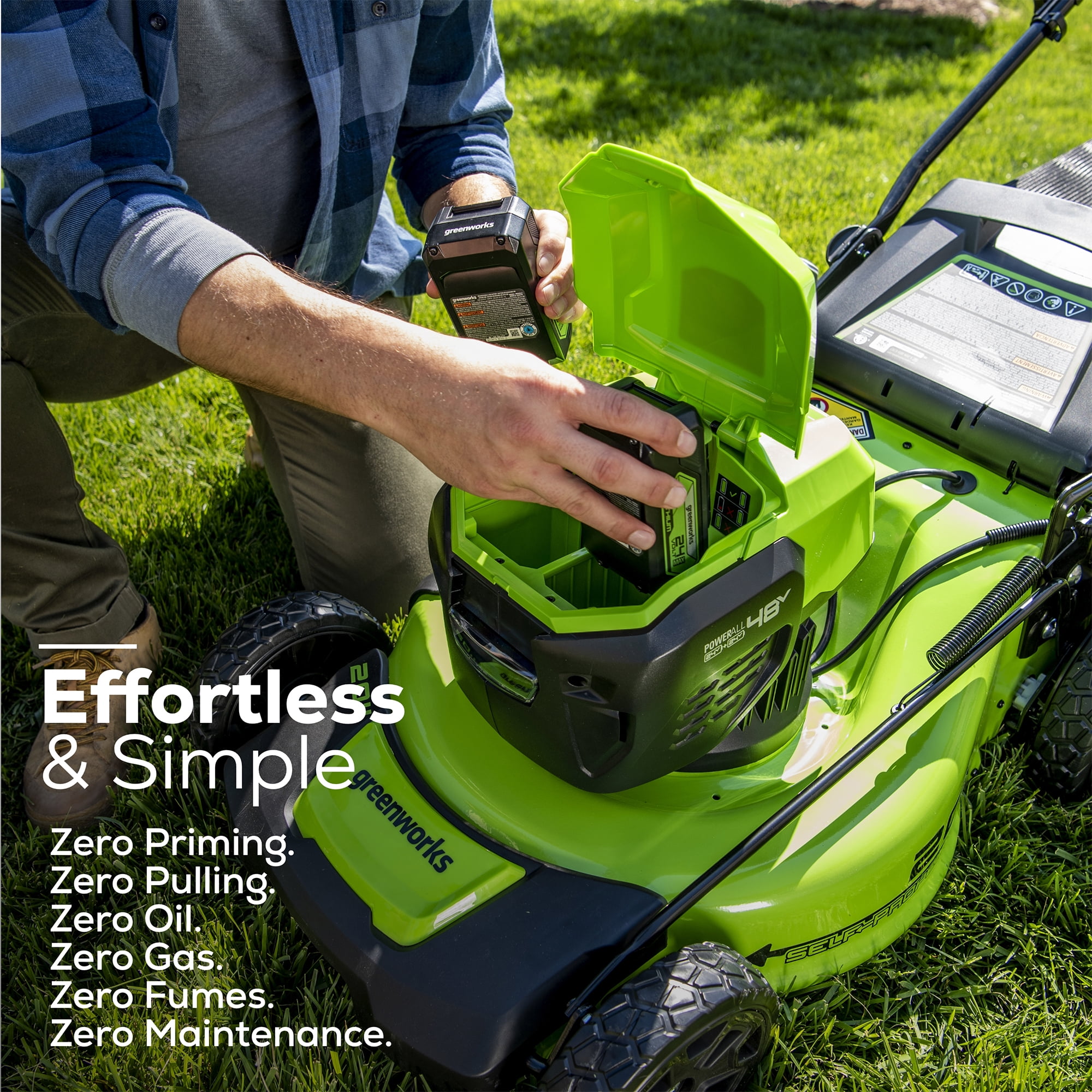 Greenworks 48V Brushless Cordless Lawn Mower with Dual 4.0Ah Batteries and Charger (20 in) plvn5