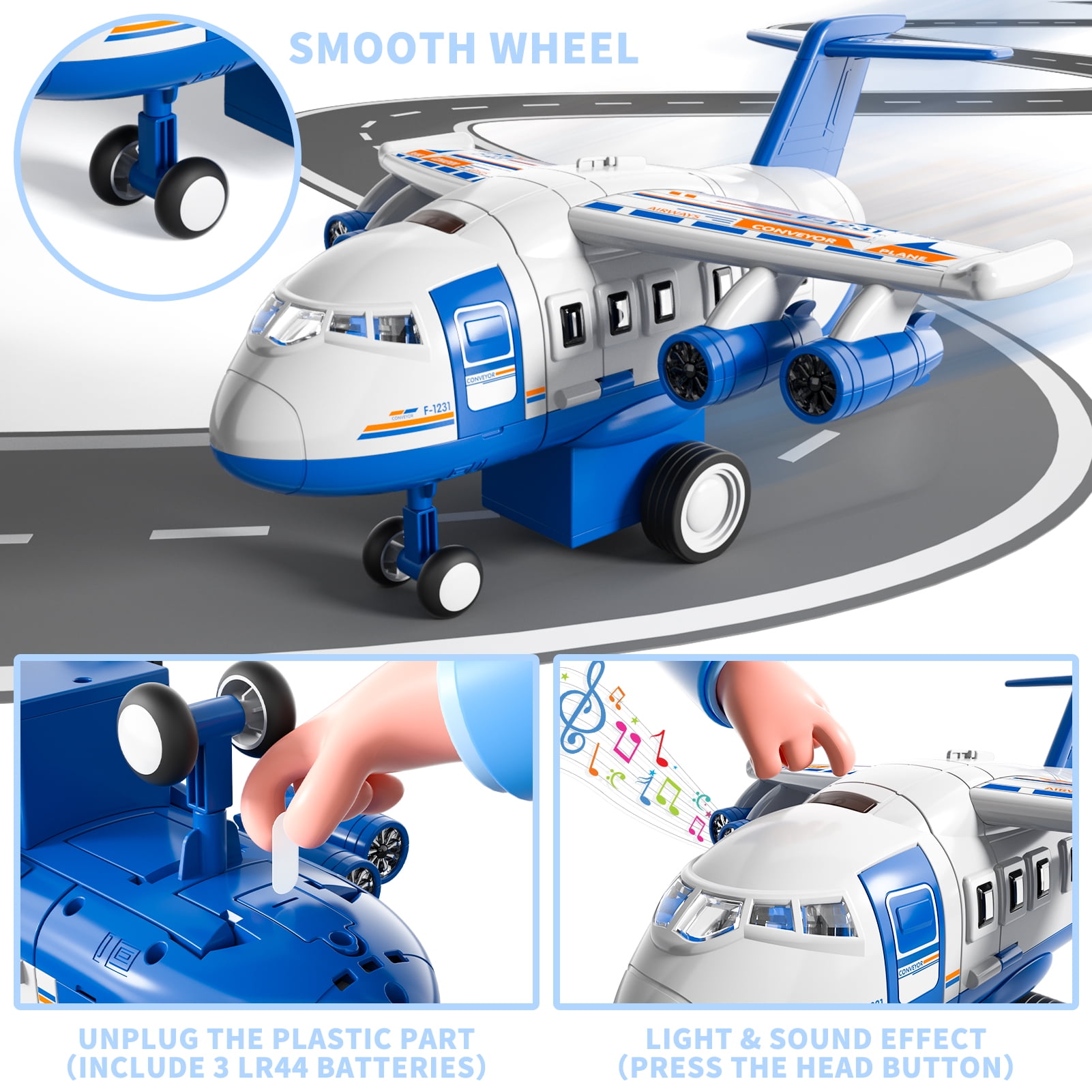 Lucky Doug Airplane Toy Set with Track and 8 Mini Cars (Blue, 1 Set) 3z9s0