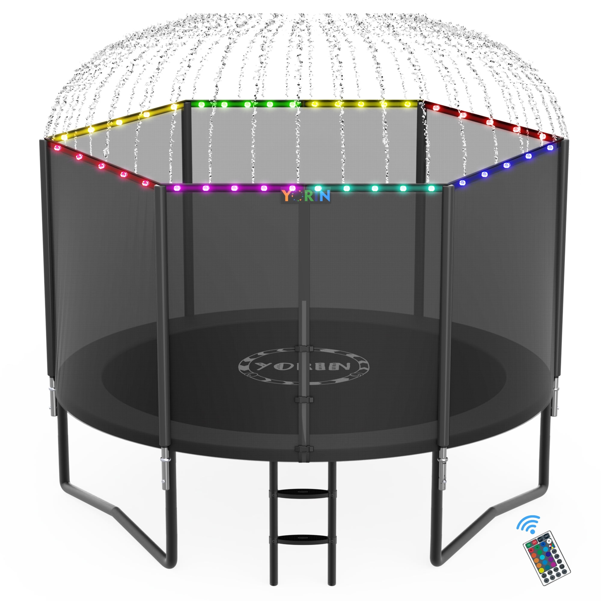 YORIN Outdoor Round Trampoline with Safety Enclosure Net, Sprinkler, and LED Lights (Black, 8 ft) ce8lk