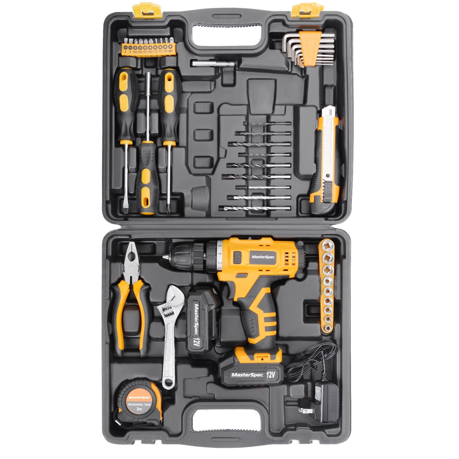 MasterSpec 12V Cordless Drill Driver Kit with 2 Batteries and 47PCS Household Hand Tools (Black, 47 Piece Set) p43r3 - Image 3