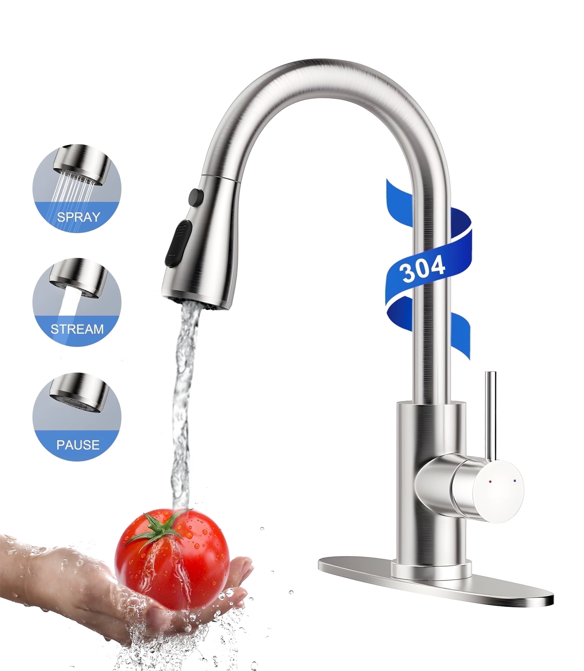 HODVIT Kitchen Faucet with Pull Down Sprayer, High Arc Stainless Steel Sink Faucet (Silver, 16 in) l9jcz