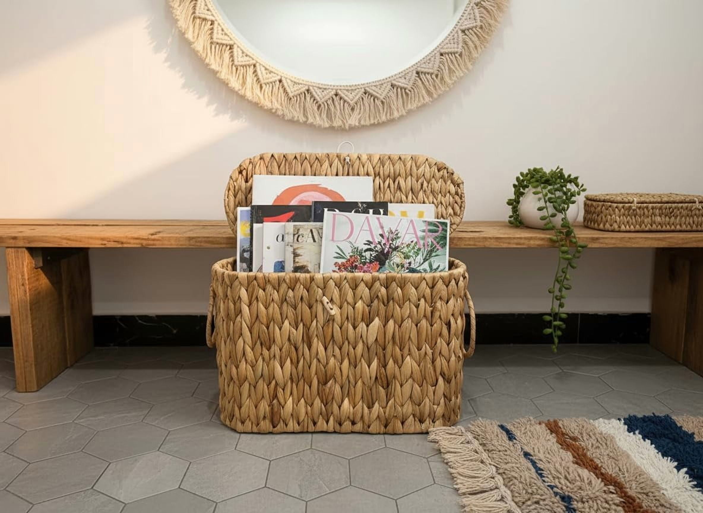 Qipengfei Wicker Toilet Paper Basket with Lid, Hand-Woven Water Hyacinth Bathroom Storage Organizer (Brown, 16.14 in x 6.69 in x 10.62 in) fbjy9