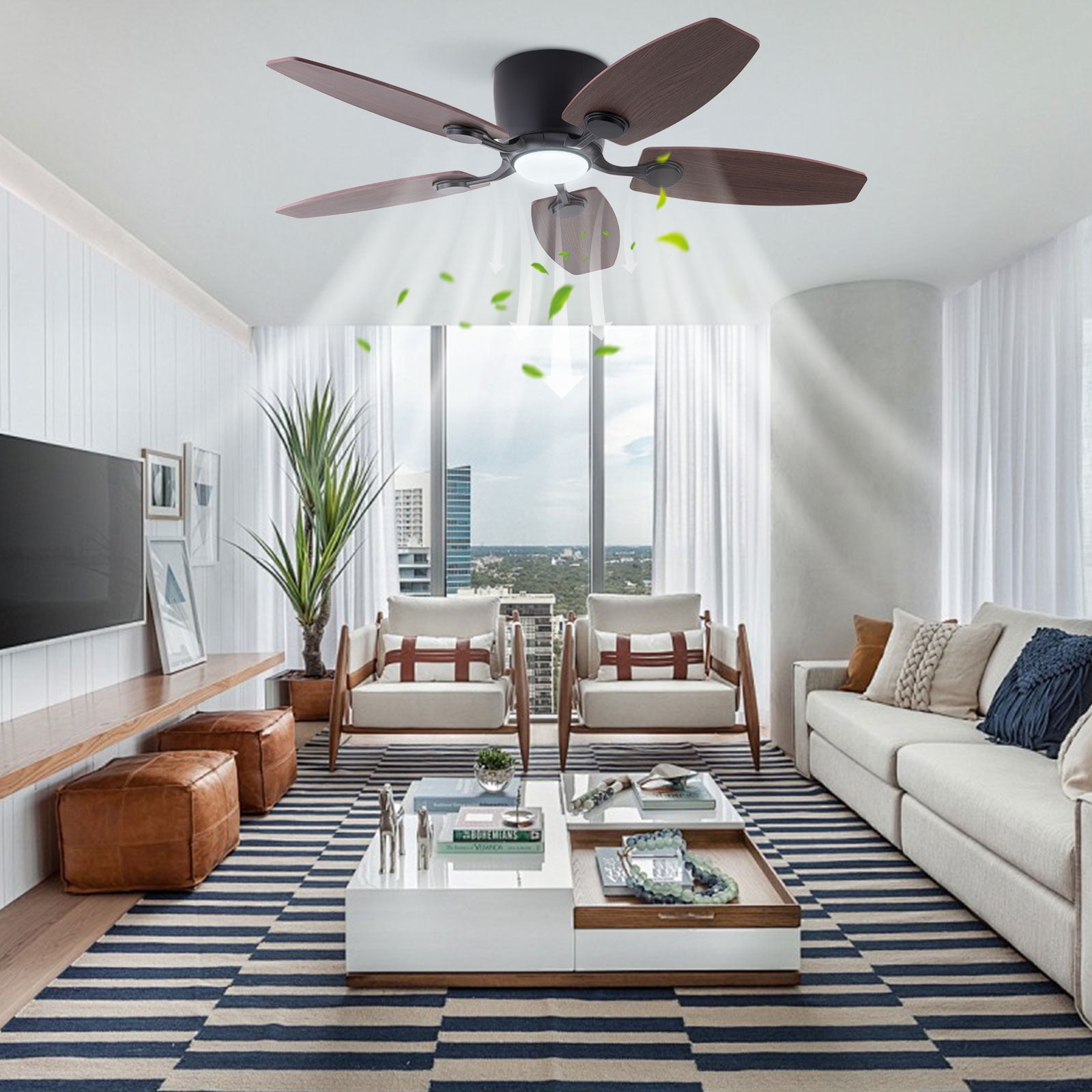 TOOL1SHOoo 42 in Farmhouse Flush Mount Reversible Ceiling Fan with LED Light and Remote Control (Brown, 42 in) gox3c