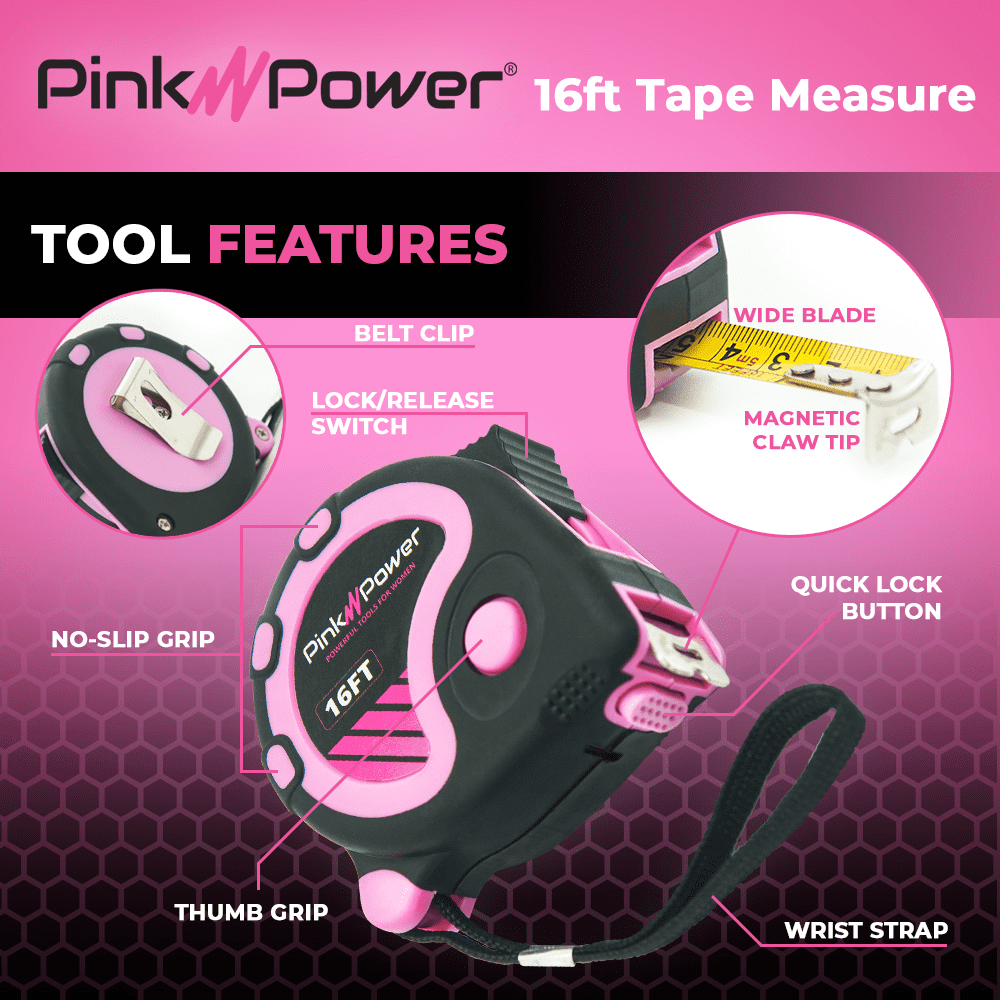 Pink Power Retractable Measuring Tape with Lock Button and Belt Clip (Pink, 16 ft) 1s5q1