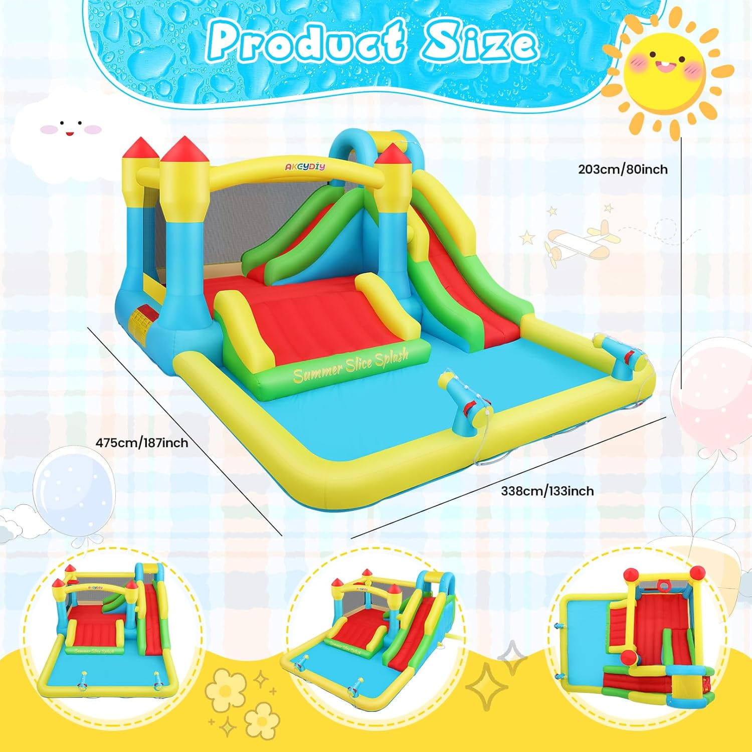 Veeboto Inflatable Water Slide Park with Blower, Bounce House with Climbing Wall and Basketball Hoop (Multi-color, 187 x 133 x 80 in) 0vefp