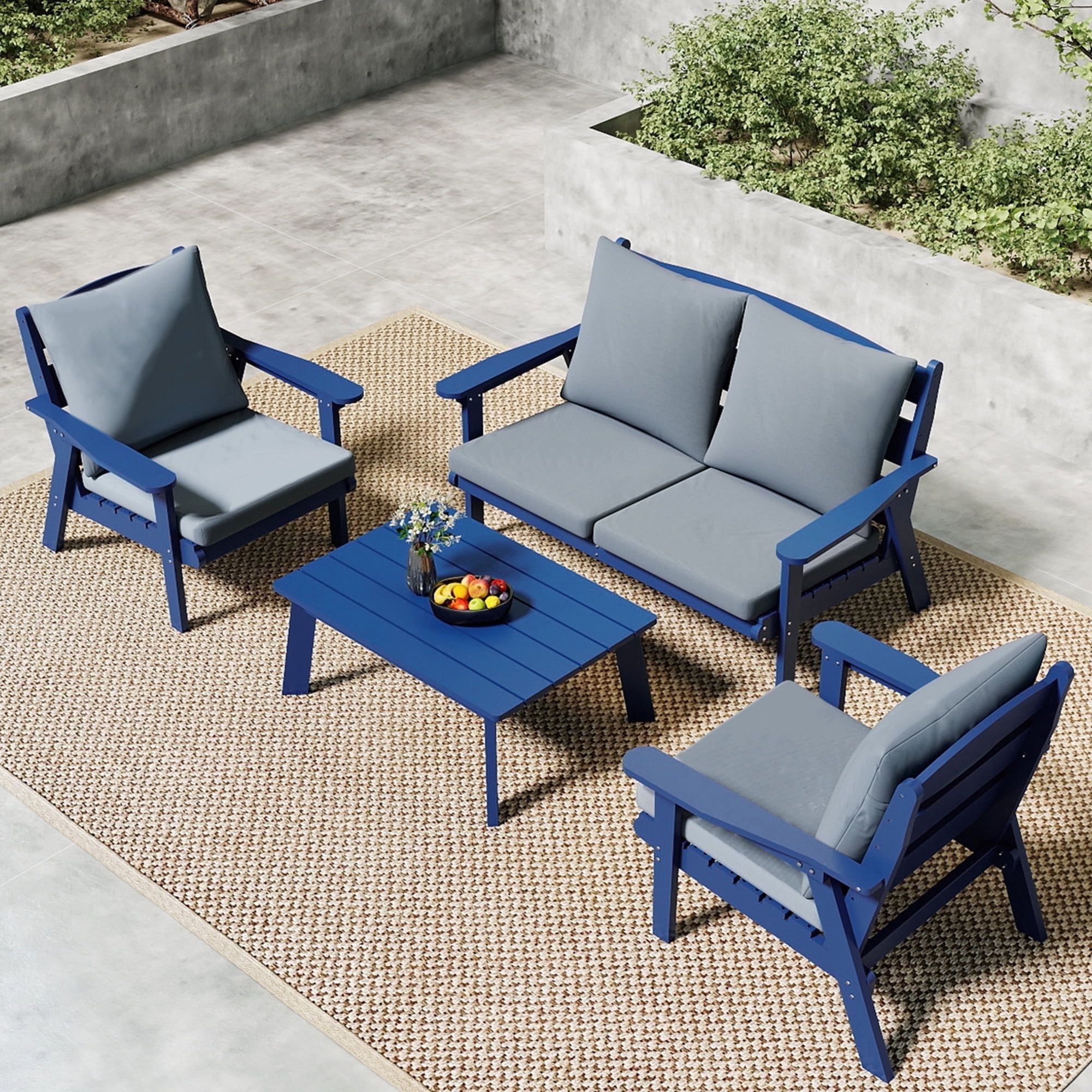 FOOWIN 4-Piece HDPE Outdoor Patio Furniture Set, Weather-Resistant Conversation Sofa Set with Cushions (Navy Frame, Grey Cushion, 4-Person Seating) nfqpc