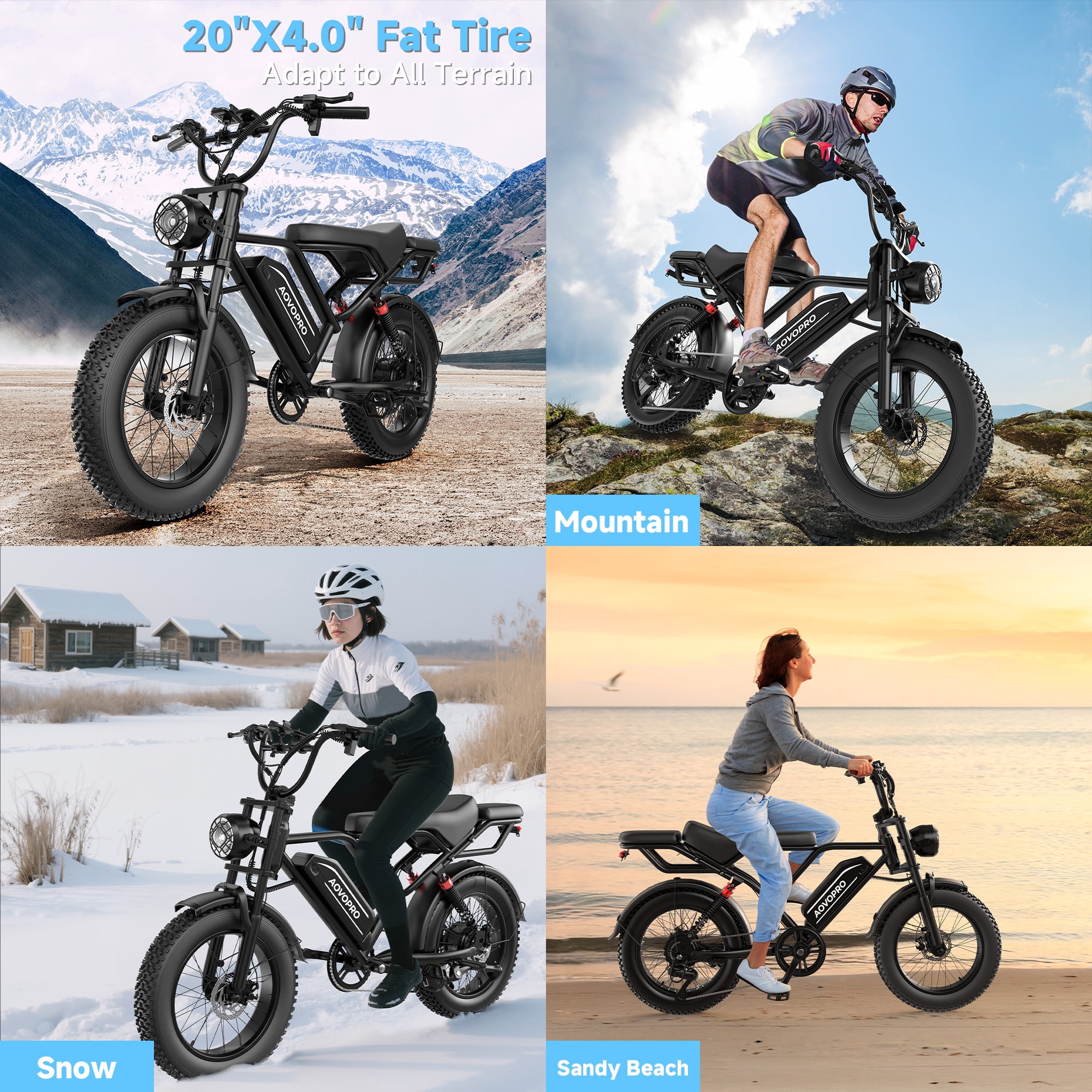 AOVOPRO AP20 Electric Bike for Adults, 750W Off-Road E-Mountain Bike with 20 x 4 in Fat Tires (Black, 48V 18Ah) gg6ag