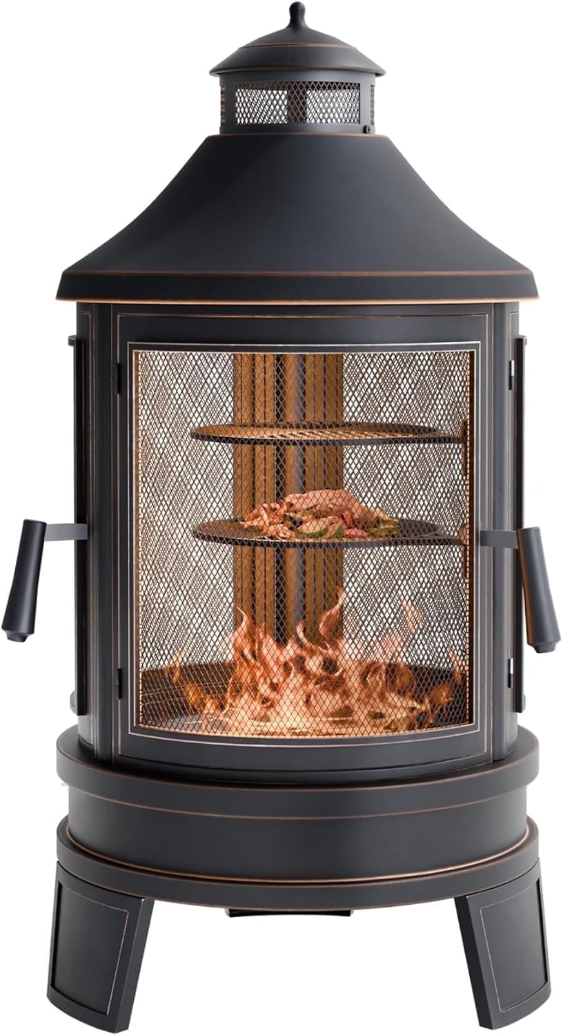 ASJMR Outdoor Wood Burning Fire Pit with 2 Rotating Grills, Smokeless Design, and Metal Mesh Spark Guard (Black, 24 in x 24 in x 30 in) cqfqt