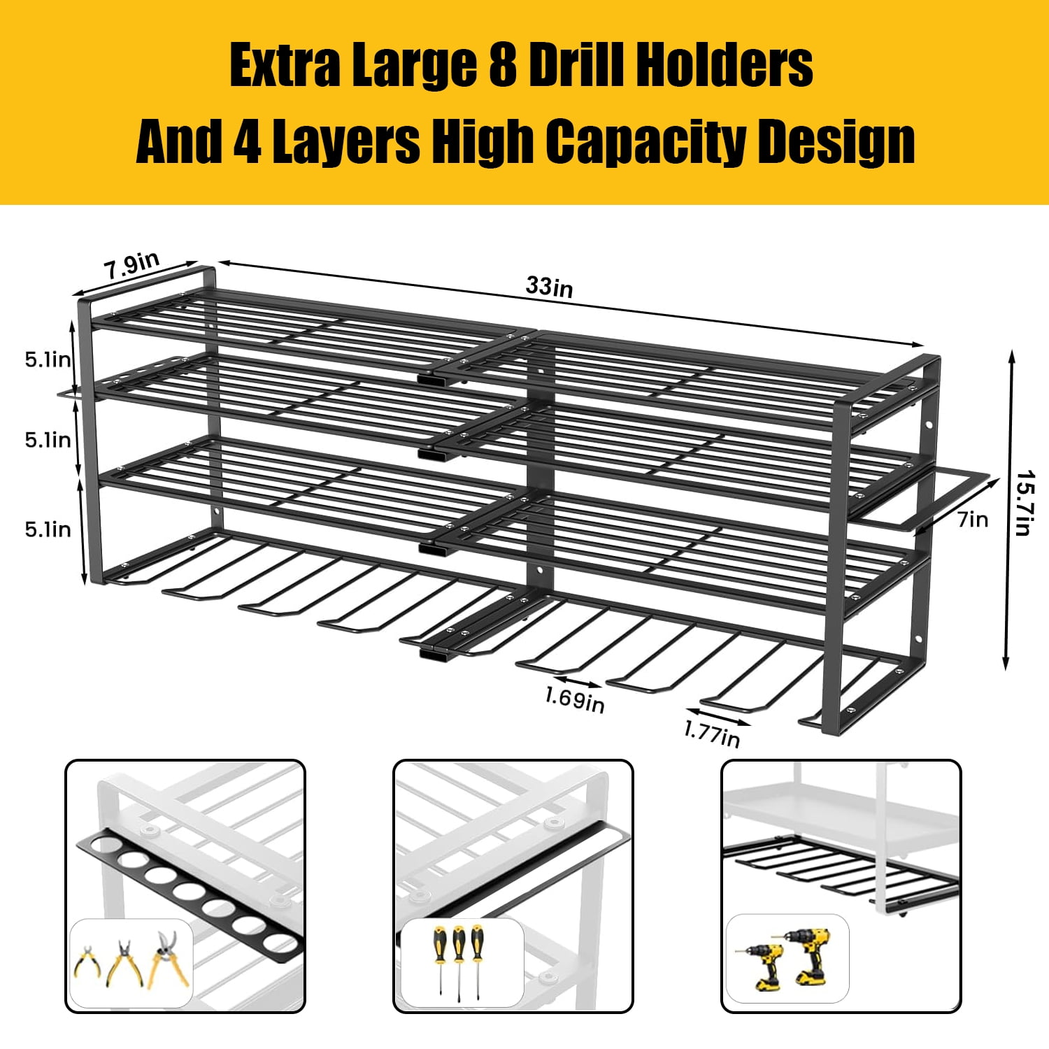 CATGOOD Power Tool Organizer, 4-Tier Wall Mount Storage Rack for 8 Drills, Heavy-Duty Metal Workshop Shelf (Black) jj1hx