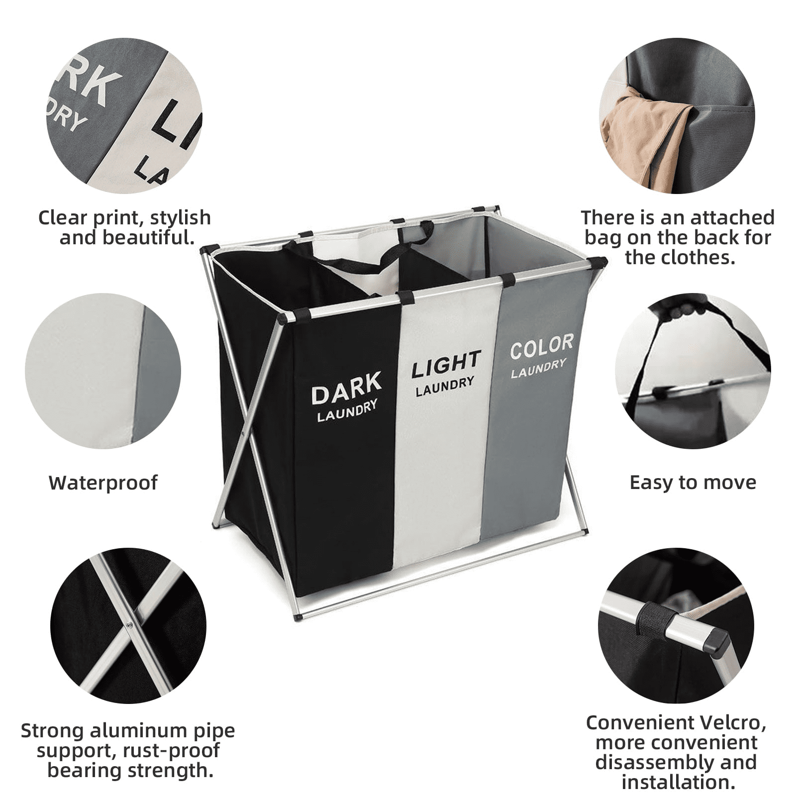 Torio 3-Compartment Collapsible Laundry Hamper, Freestanding Clothes Organizer with Reinforced Handles (Large, Gray) q6ukc