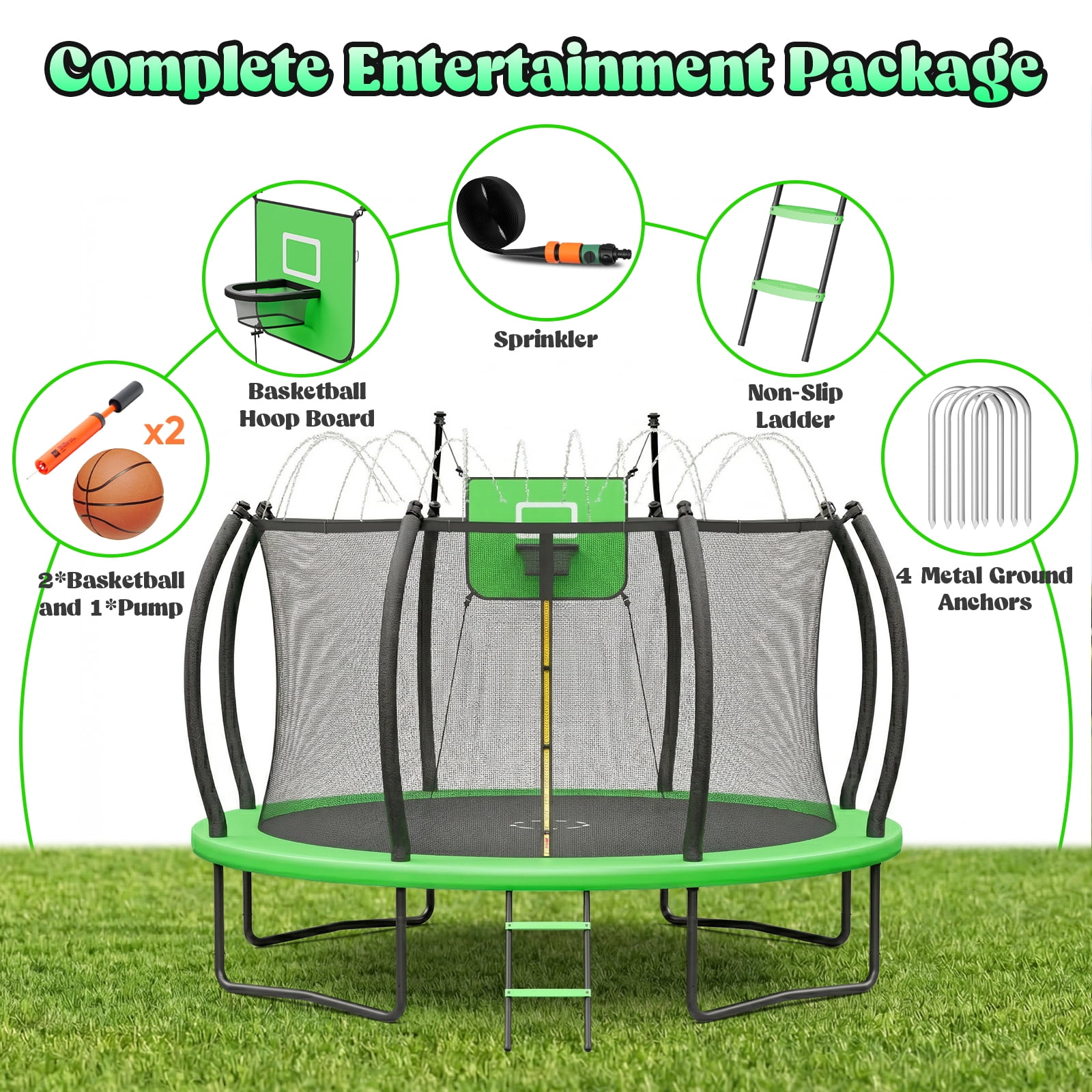 Gardwin Round Outdoor Trampoline with Safety Enclosure, Ladder, Sprinkler, and Basketball Hoop (Green, 12 ft) 8w8tp