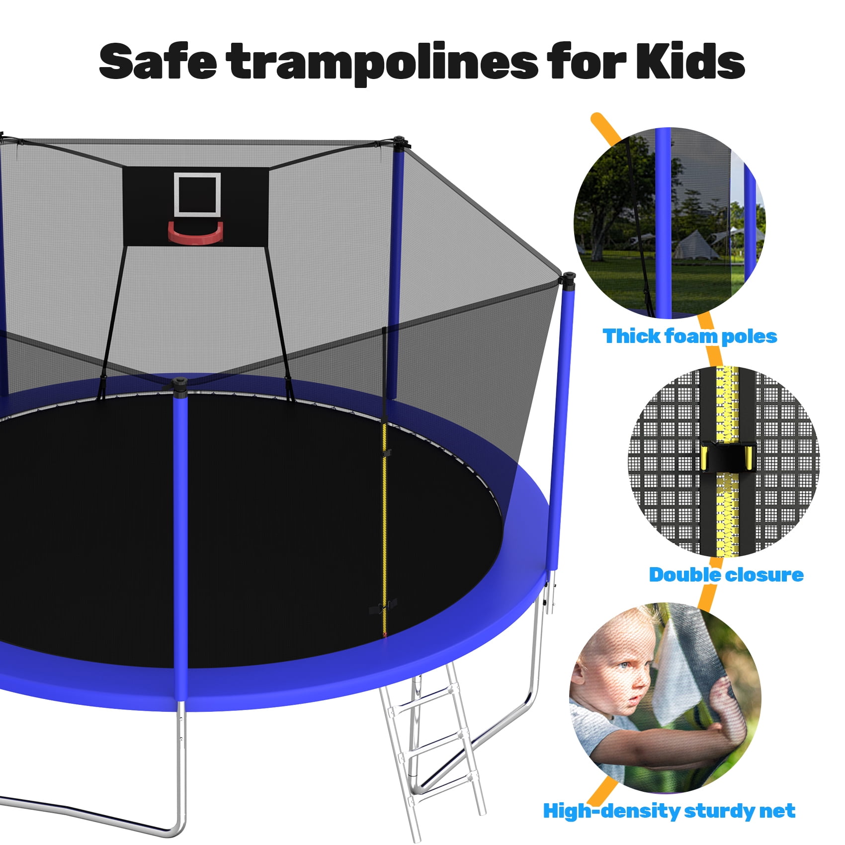 Alvantor 14 ft Round Trampoline with Basketball Hoop and Safety Enclosure Net (Blue, 14 ft) 20elx