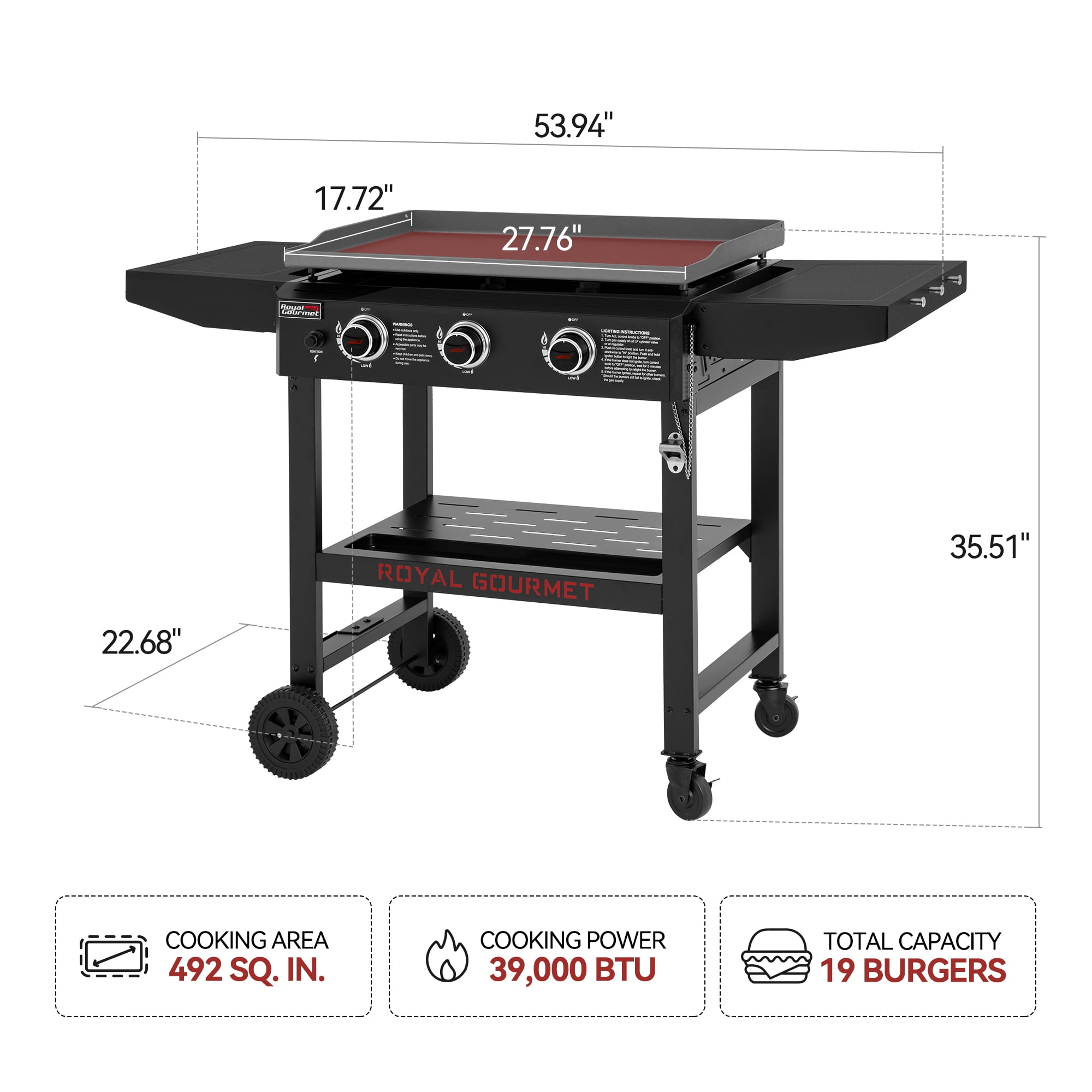 Royal Gourmet GB3000H 3-Burner Gas Griddle with Collapsible Side Shelves (Black, 28 in) 17207