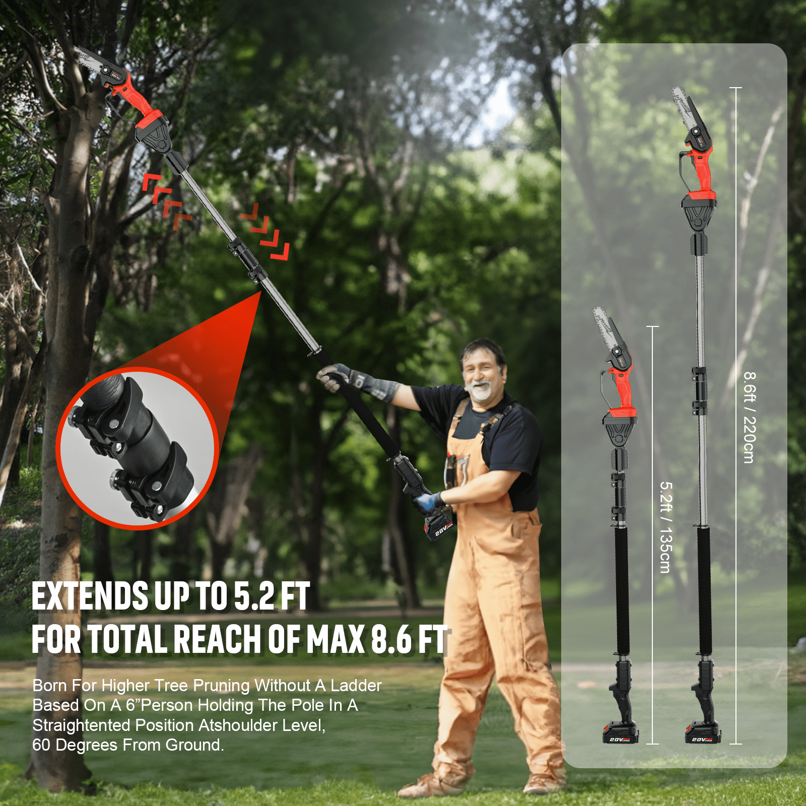 Vetoper 2-in-1 Cordless Pole Saw and 6-inch Mini Chainsaw with 7 ft Extension Rod (Red, 20V 4.0Ah) 0ux3q