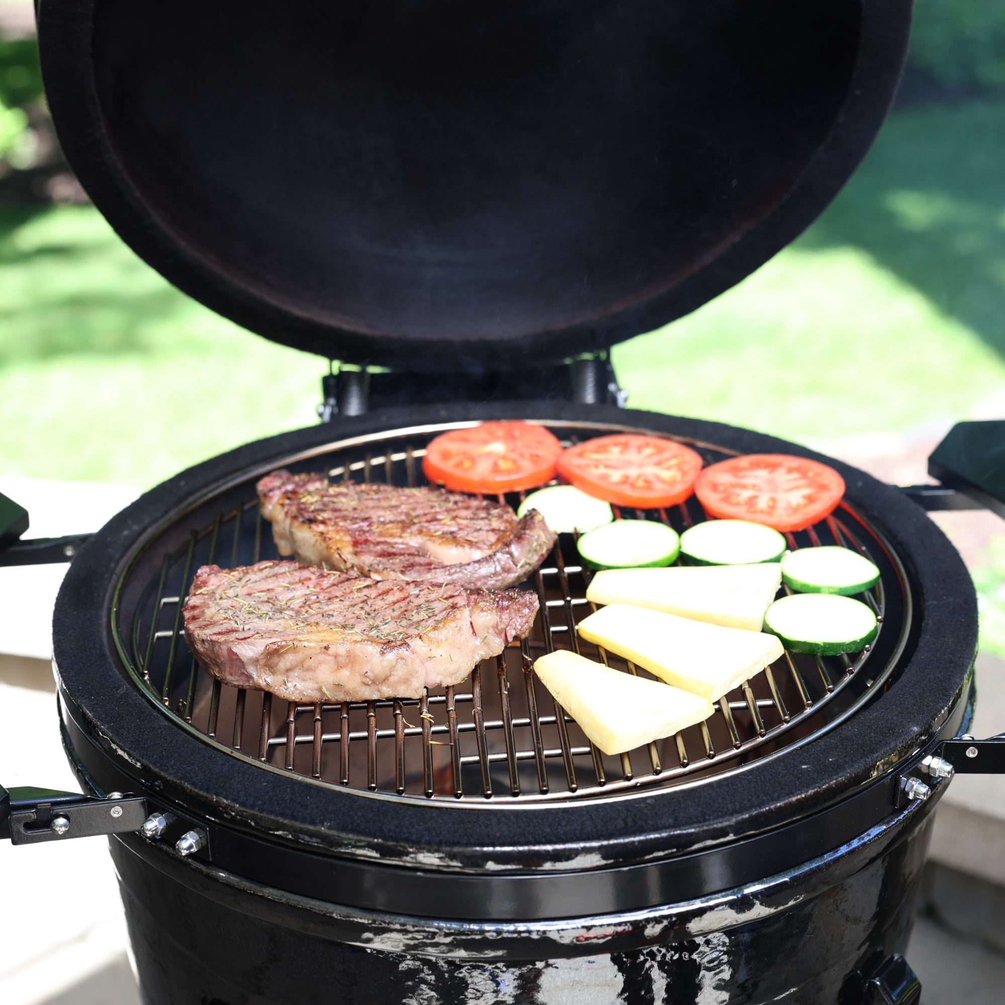 Kamado Gourmet 19 in Ceramic Grill and Smoker with Forge Fire Chamber and Bamboo Shelves (Black, 19 in) w0fui