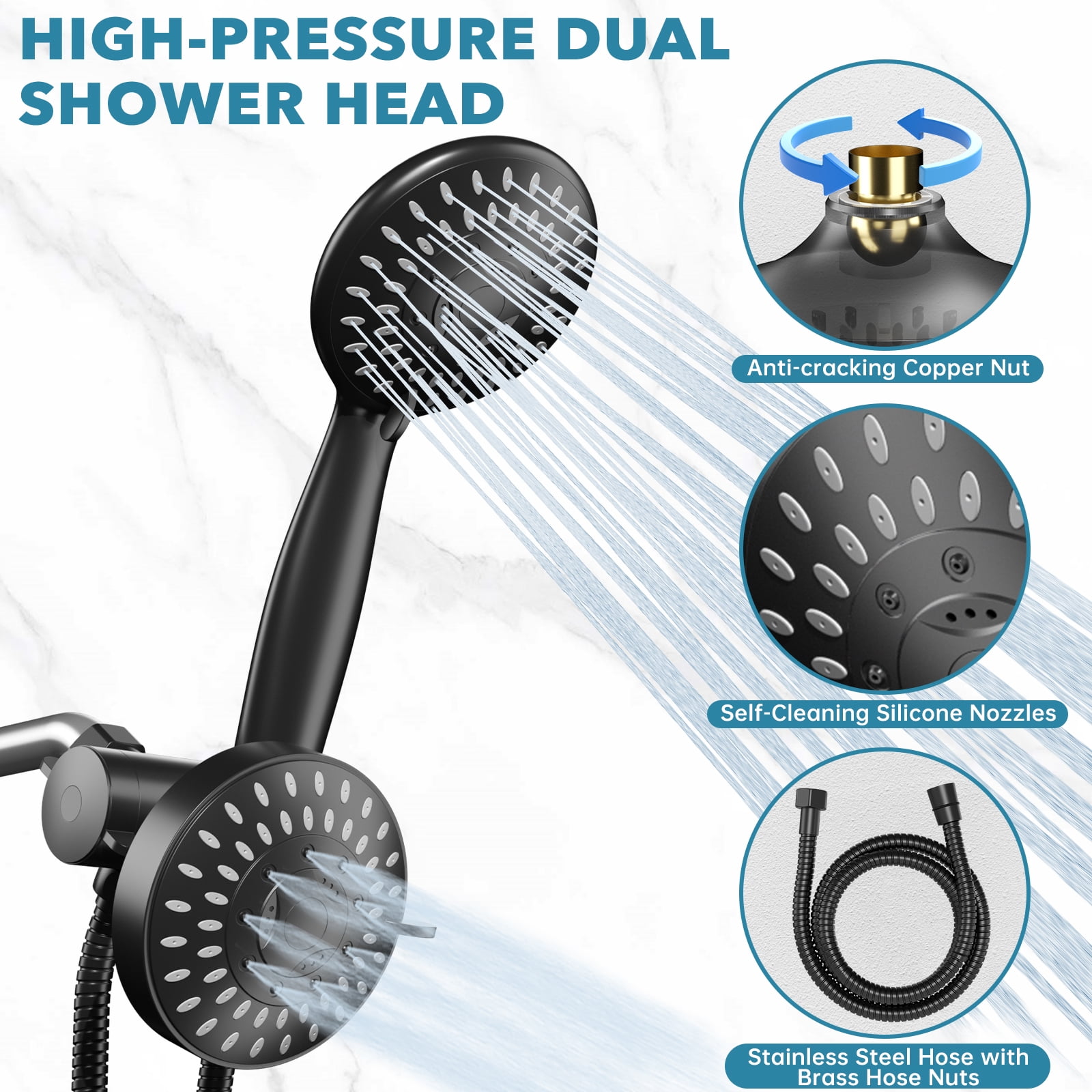 Cshidworld High Pressure Dual Shower Head Combo, 3-Way Rainfall Handheld System with 60 in Stainless Steel Hose (Matte Black) 9xue7
