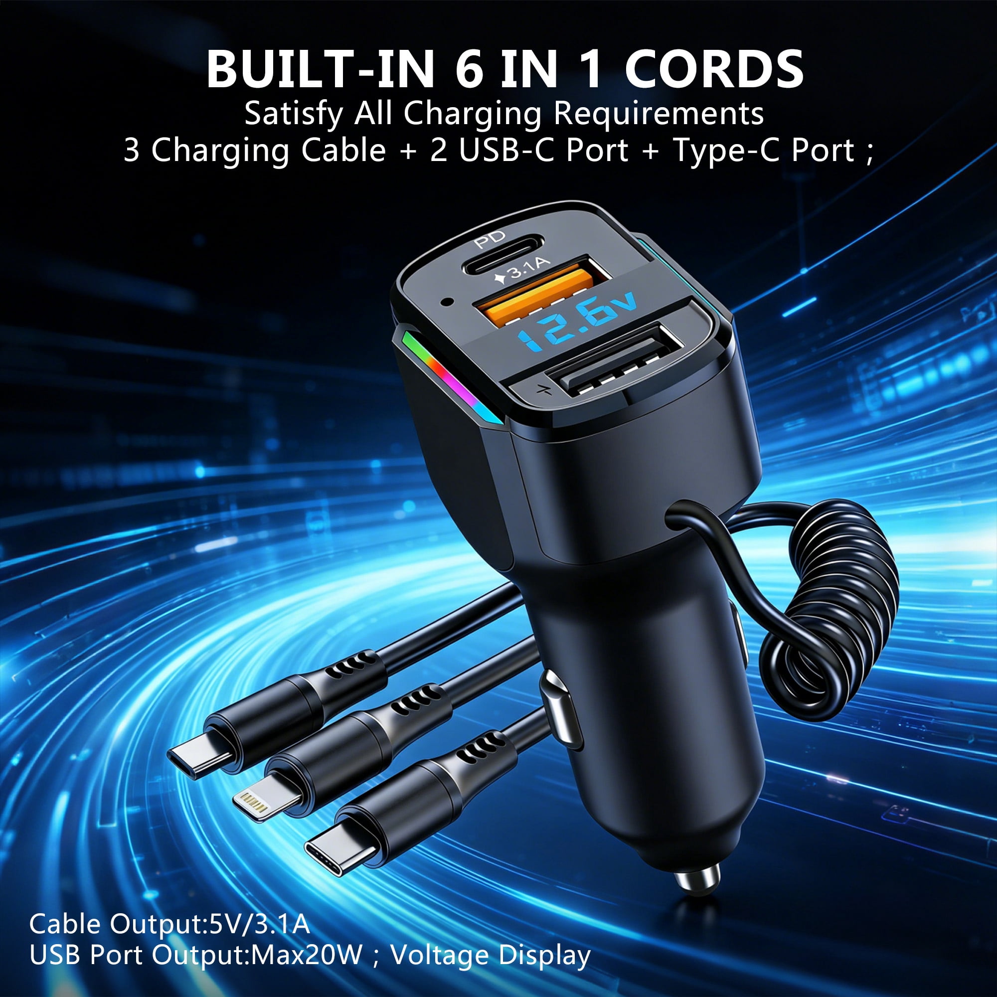 DAYBETTER 6-in-1 USB C Car Charger, 65W Fast Charging PD & QC 3.0 Adapter with 4ft Retractable Cables (Black) 1y7r4