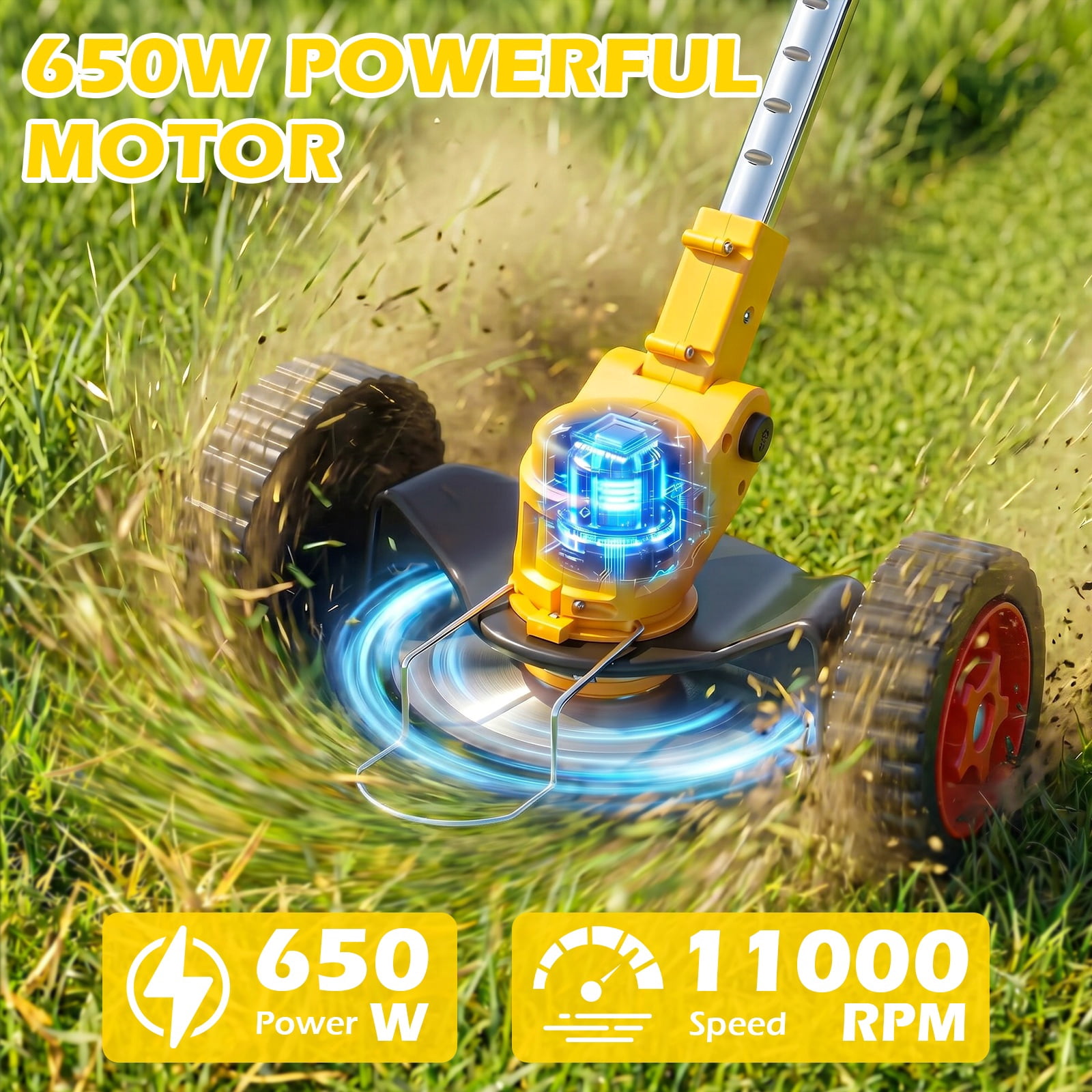 CATGOOD Cordless Electric Weed Trimmer with Wheels, 650W Grass Edger and Brush Cutter, Adjustable Shaft (Yellow, 2-Battery Pack) knlph