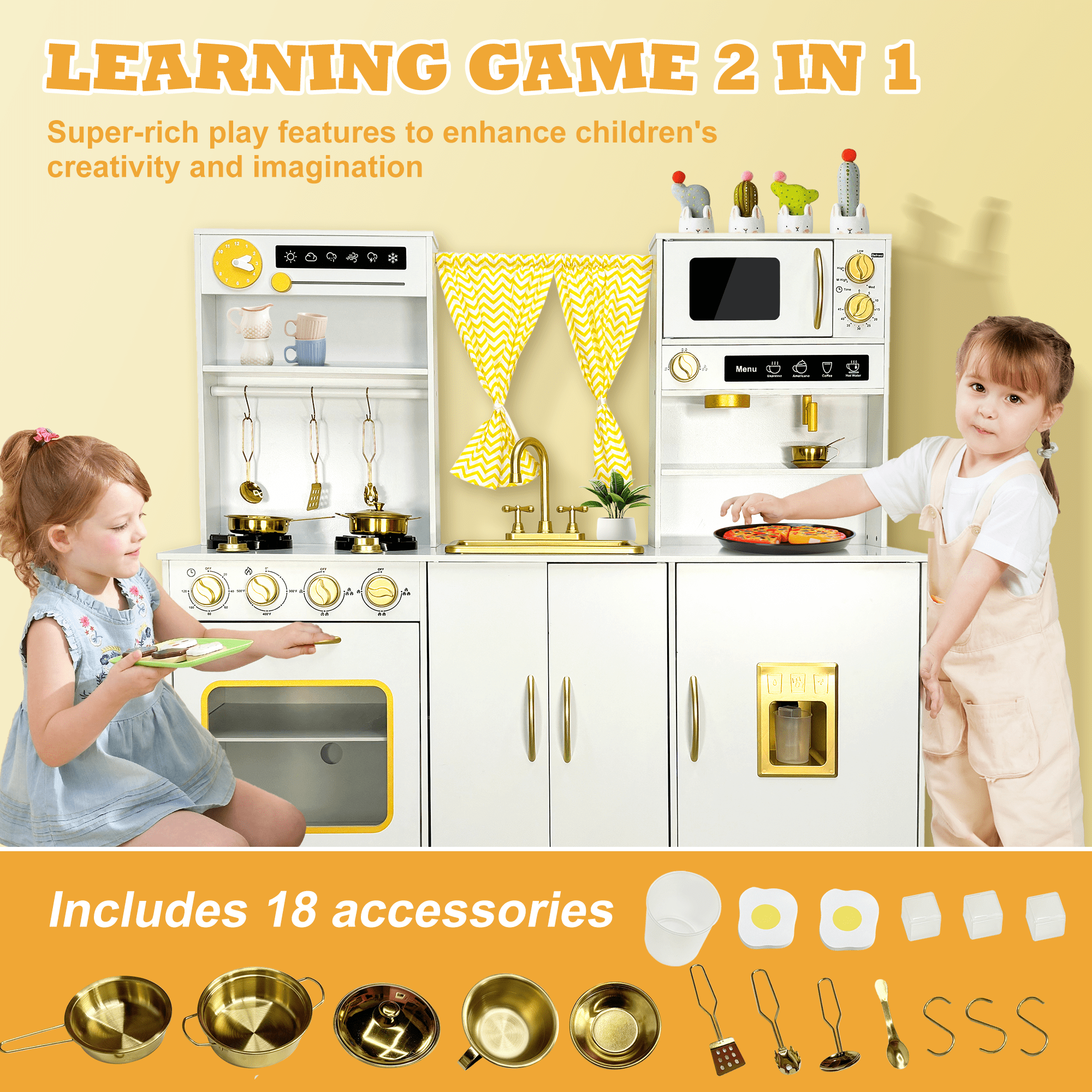 iYofe Wooden Pretend Play Kitchen Set for Toddlers, Interactive Toy Kitchen with Realistic Sounds and 18 Accessories (White, 43.3 x 12.6 x 39.9 in) 2cyah