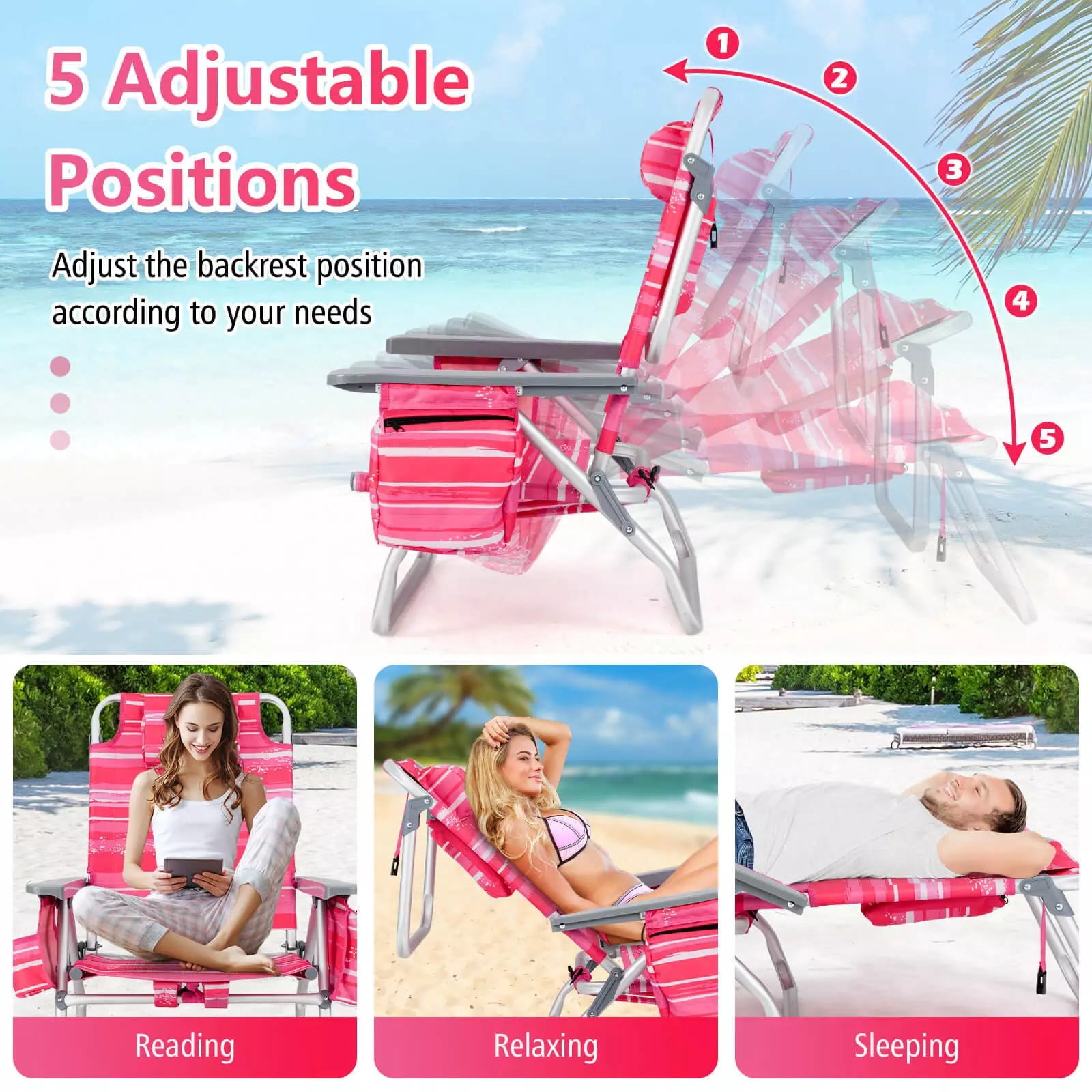 Auranook 2-Pack Folding Backpack Beach Chair Set with Side Table (Pink, 5-Position Reclining) mudv9