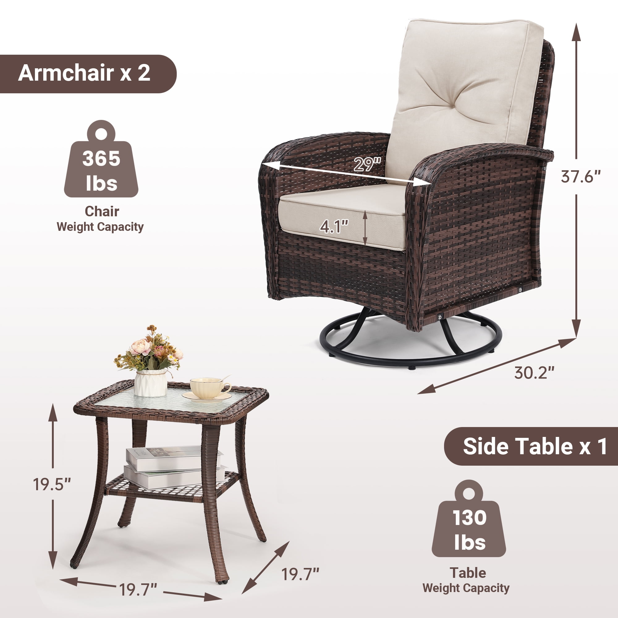 TUAREX Outdoor Patio Swivel Wicker Glider Chair Set with Side Table (Brown Rattan, 3-Piece) 5vel9
