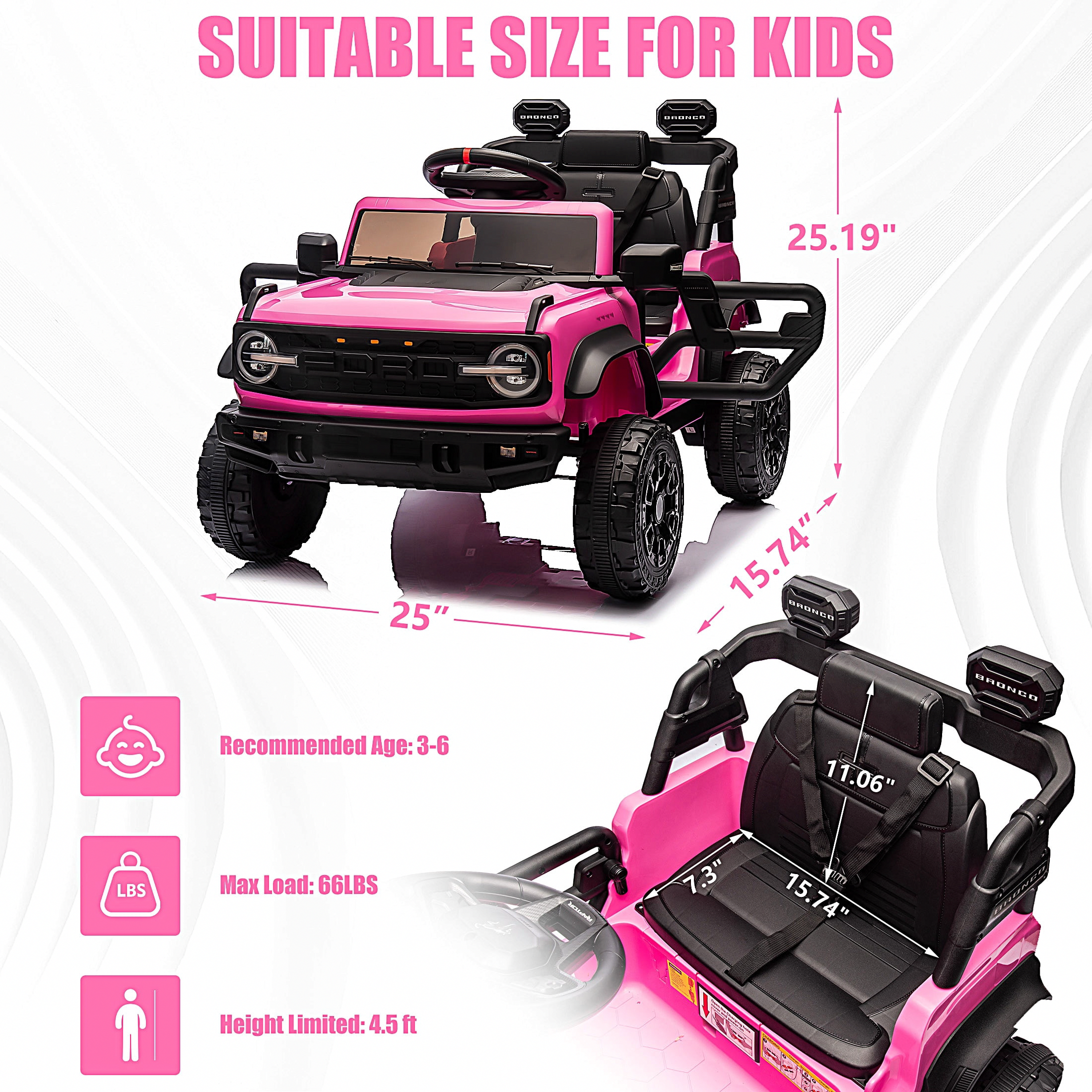 iRerts Ford Bronco Raptor Electric Ride-On Truck with Remote Control (Pink, 12V) 31si2