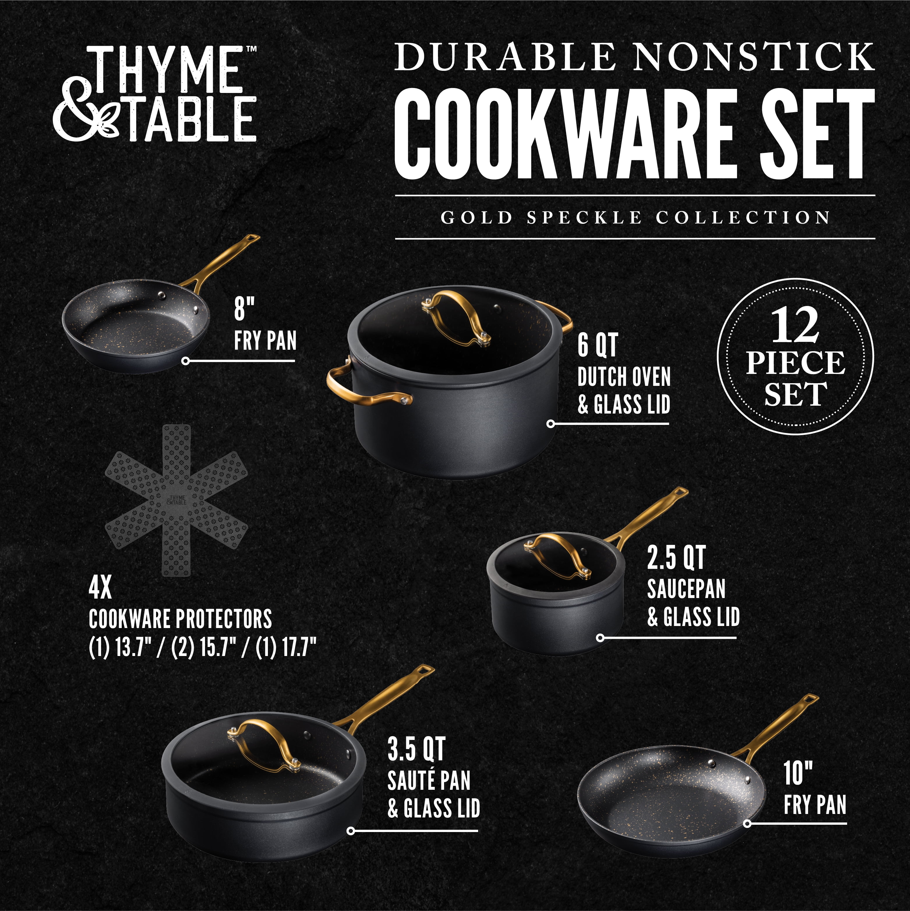 Thyme & Table 12-Piece Ceramic Non-Stick Cookware Set Signature Collection (Gold, 12-Piece) 71mpa