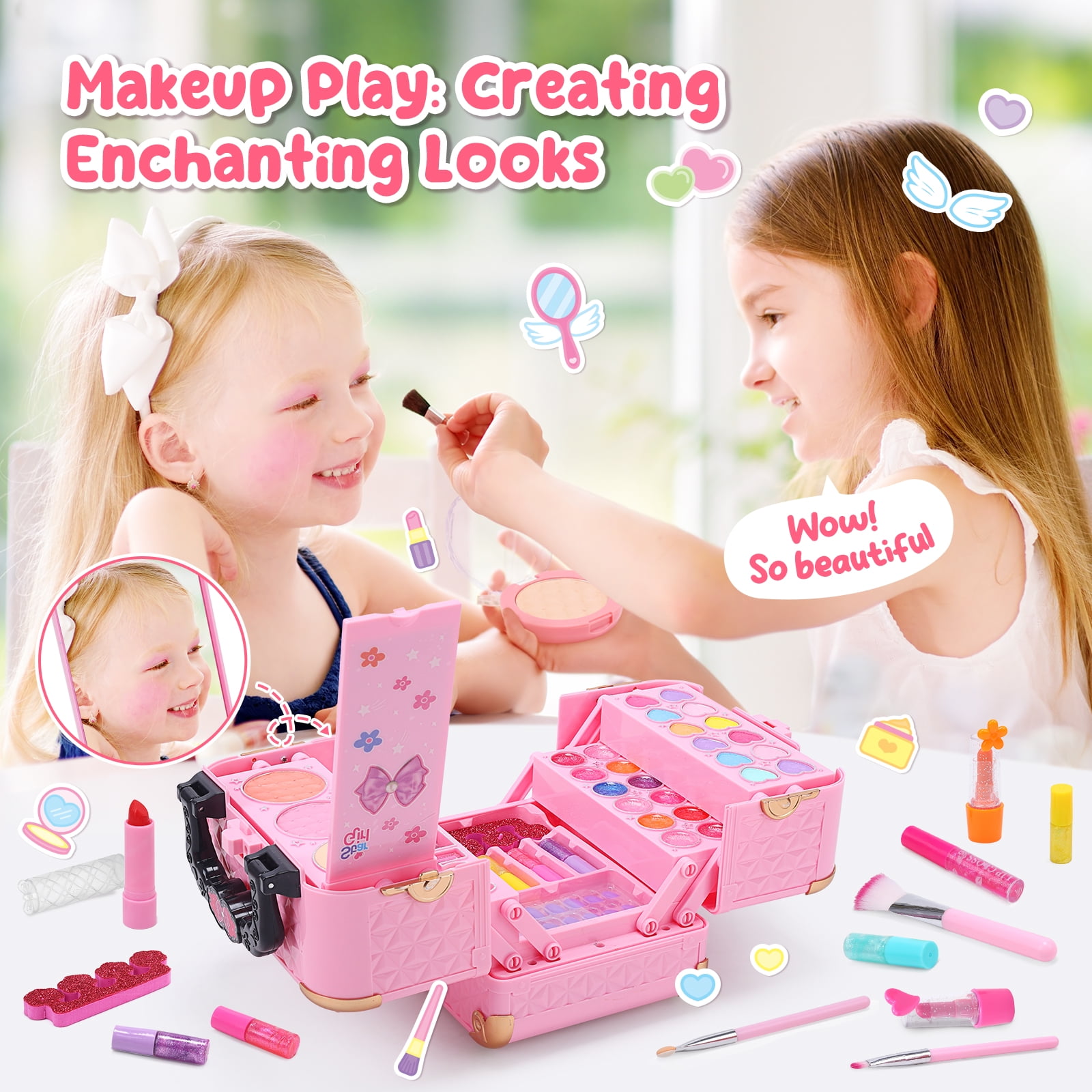 JoyStone Kids Washable Makeup Kit, Pretend Play Vanity Set with Carrying Case (Pink, 62-Piece Set) 6yhxu