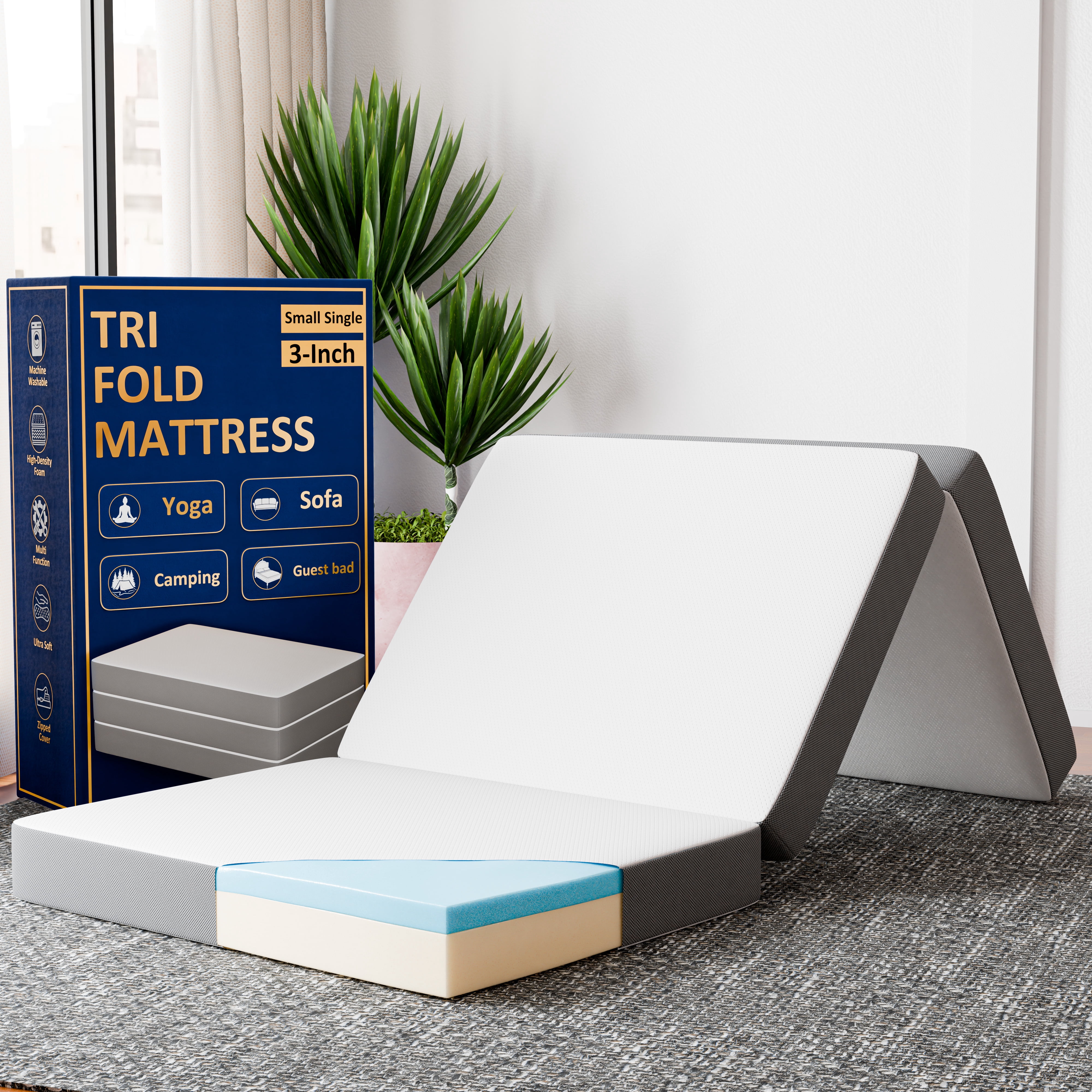 Continental Sleep Tri-Folding Gel Memory Foam Portable Floor Mattress (White, 75 in x 25 in x 3 in) 7zi0a